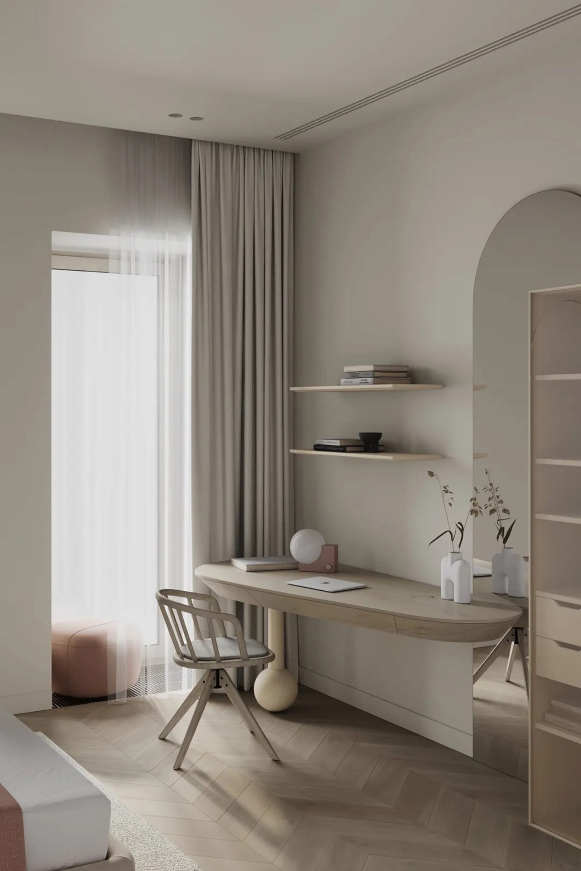 A minimalist home office with a wooden desk, light-colored stone countertop, and floor-to-ceiling curtains by a large window.