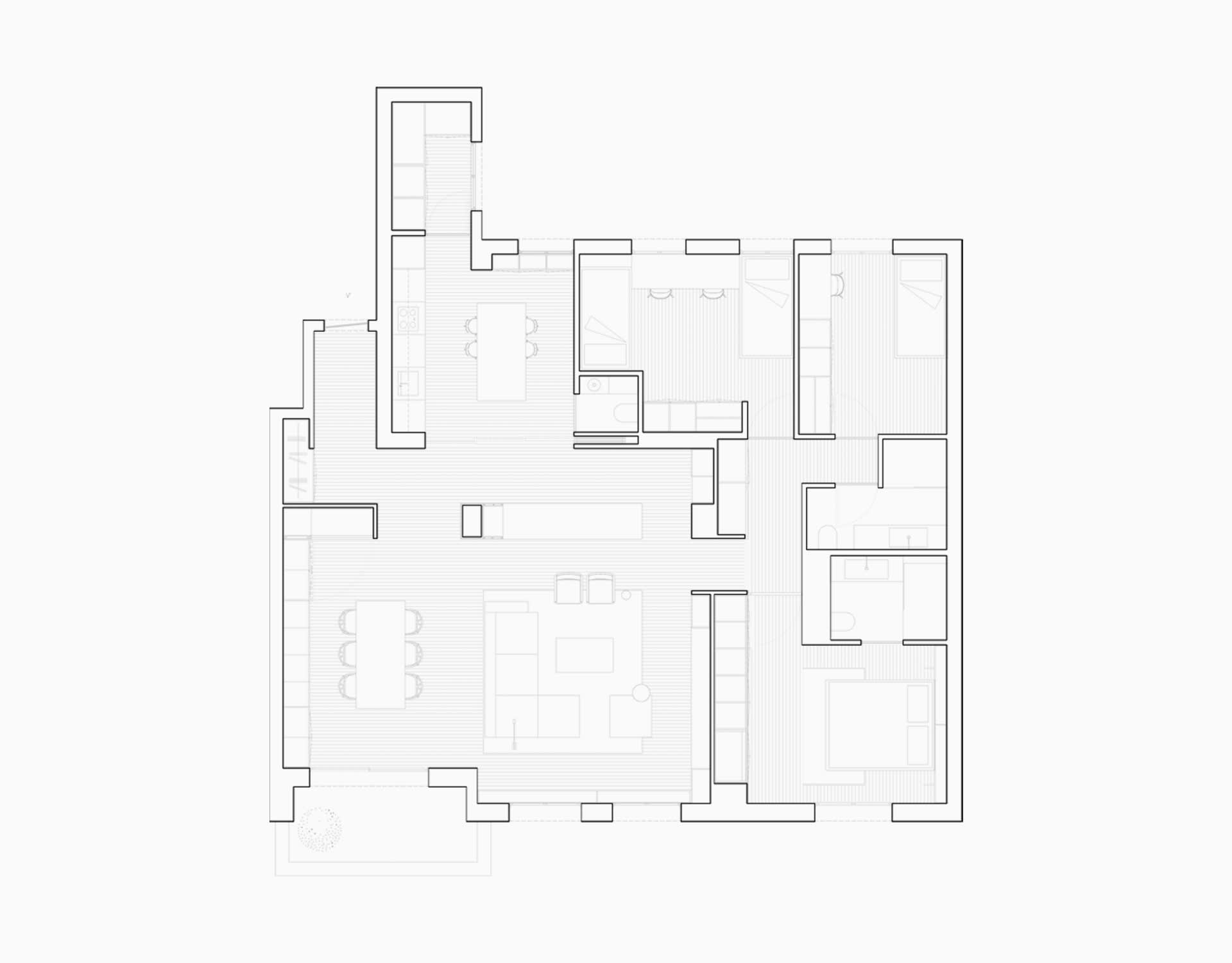 A detailed 2D architectural floor plan of a modern apartment layout with three bedrooms and multiple living areas.
