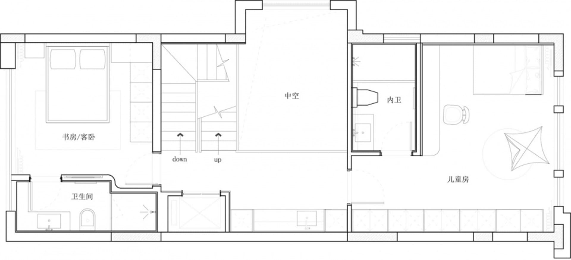 現代住宅一樓的2D建築平面圖，展示臥室、衛浴等室內設計元素