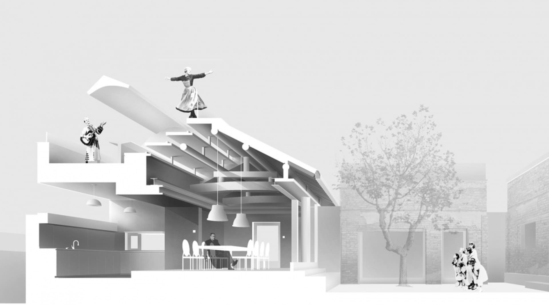 Modern interior design featuring open-plan living, metal beams, glass walls, and concrete finishes.