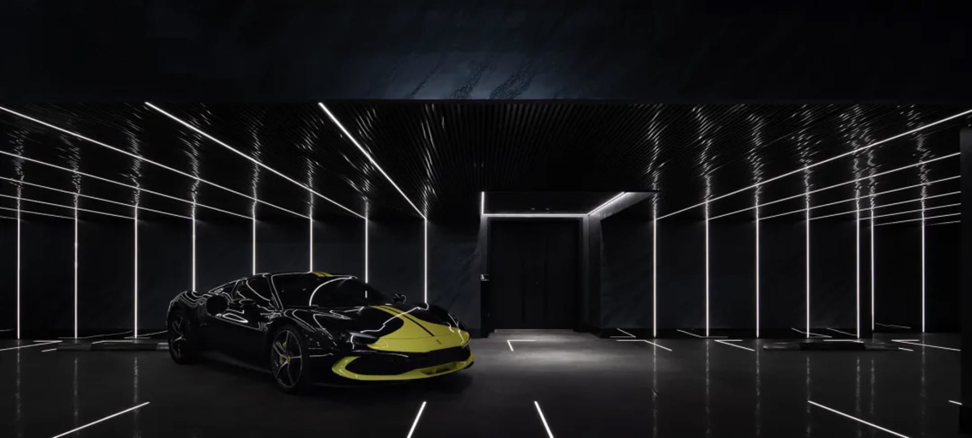 A sleek luxury car with a metallic yellow accents parked in a modern showroom with metallic reflections.