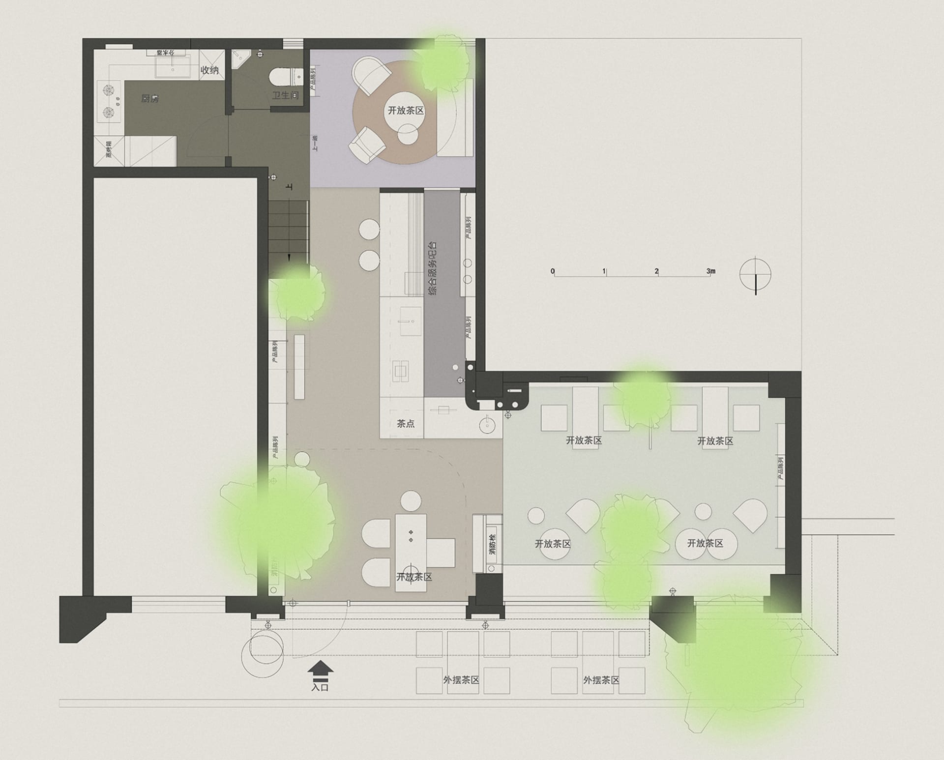 2D floor plan of a modern open-plan living space with dining and kitchen areas, featuring chairs and dining tables, and labeled measurements and symbols
