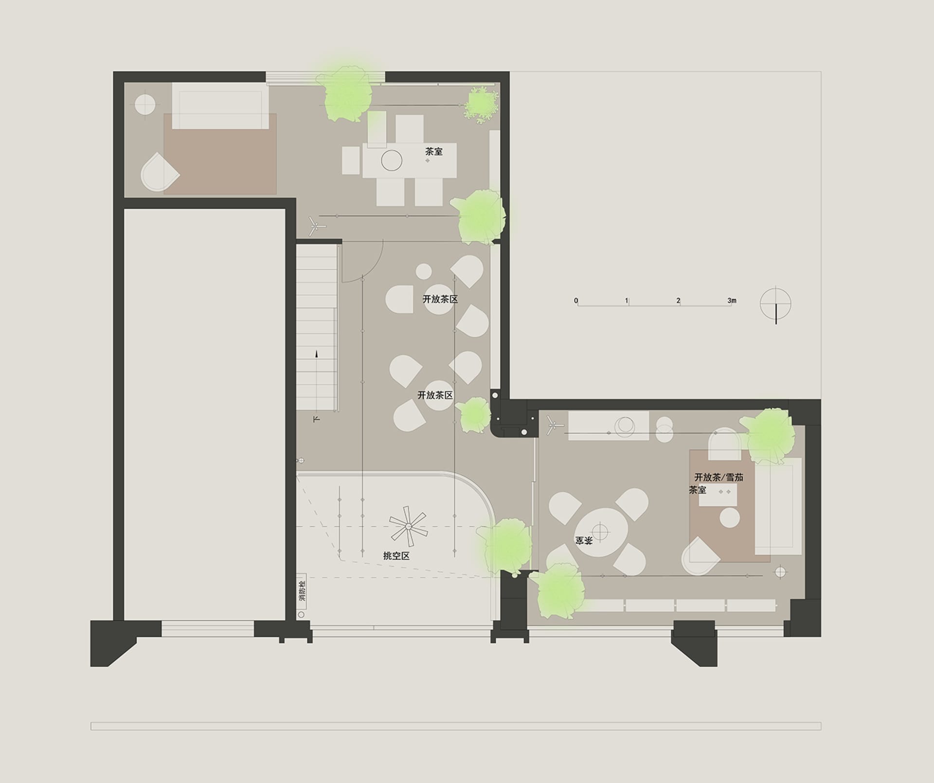 A dimly lit modern interior space with scattered chairs, clean lines, and simple shapes
