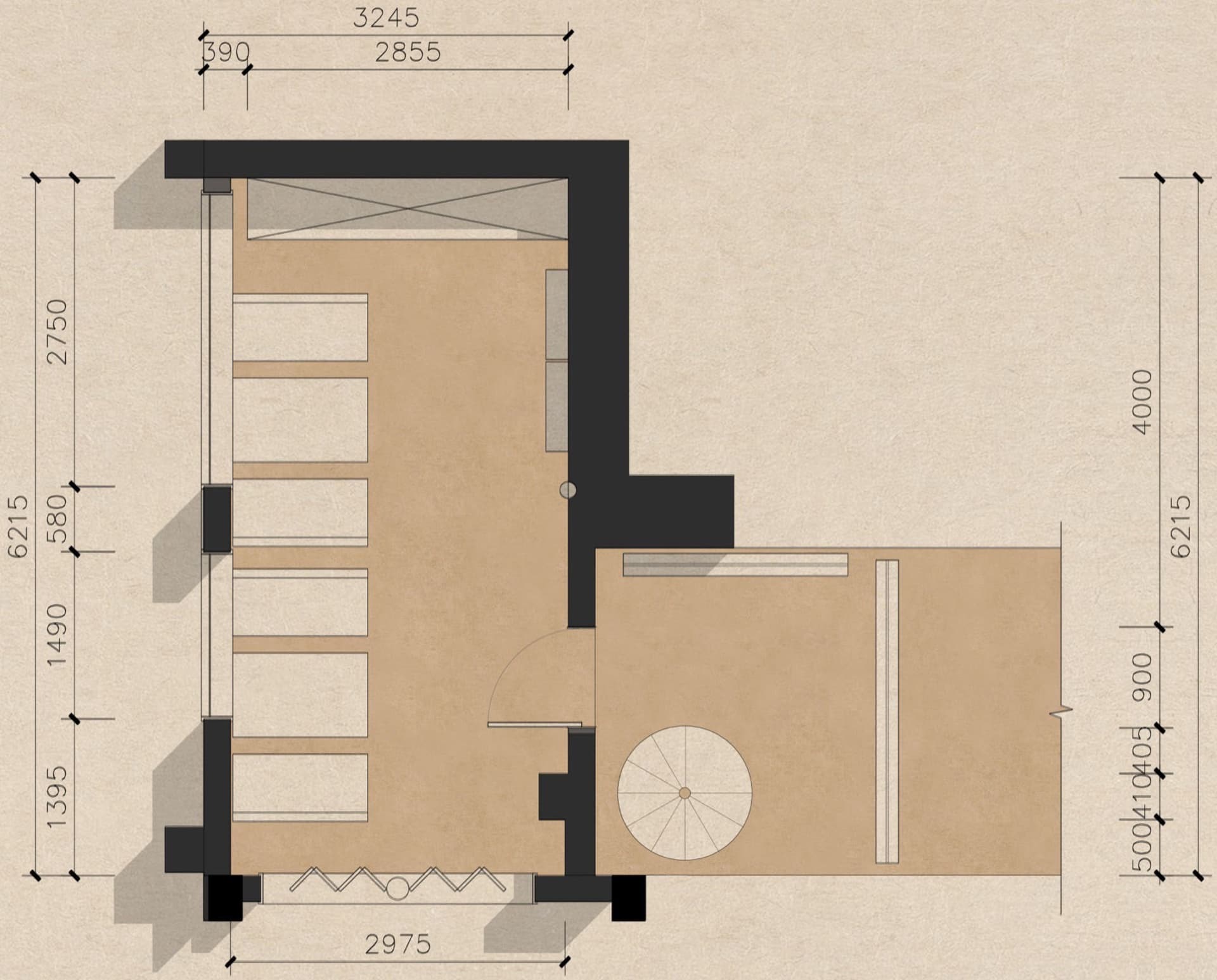 2D floor plan of a house with labeled rooms and spaces, including a kitchen, living room, bedroom, and bathroom
