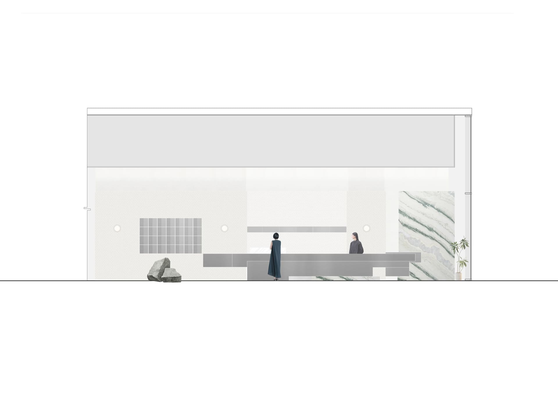 Hotel lobby with a counter, dining table, chairs, and a potted plant, creating a welcoming atmosphere for guests