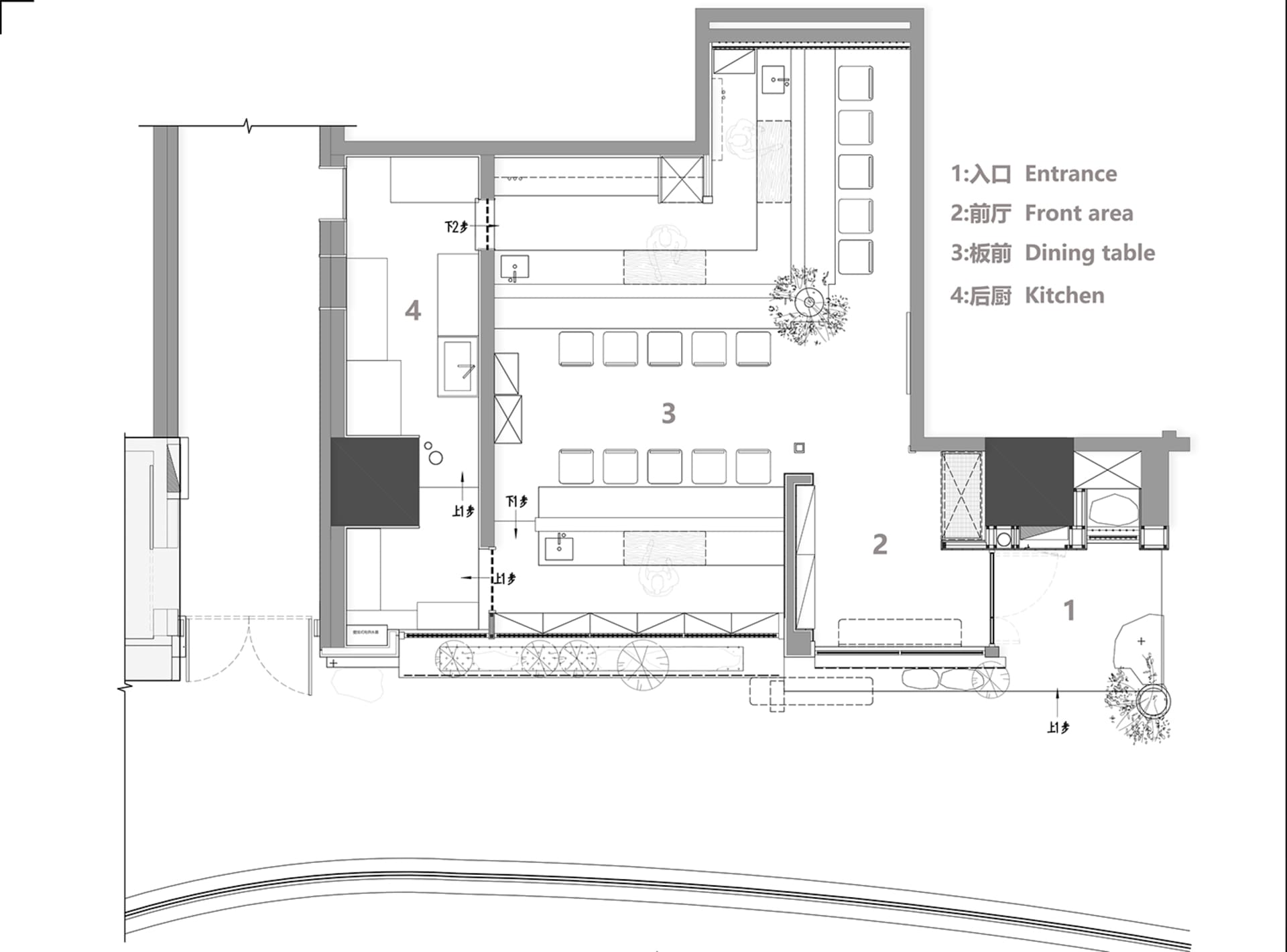 2D floor plan of a modern restaurant with multiple tables, chairs, and benches arranged in a dining area, featuring concrete walls and dim lighting