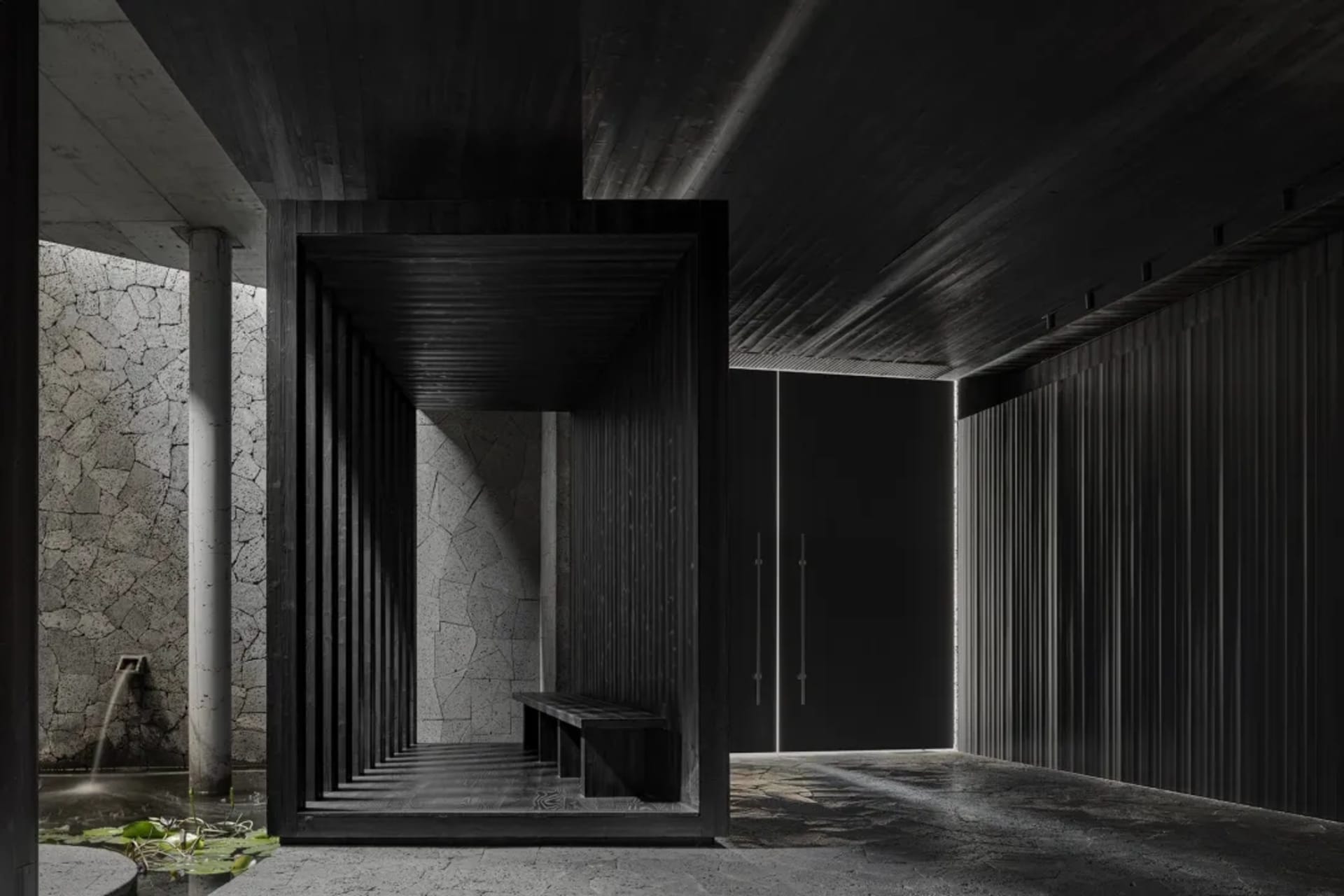 A dark public space with a wooden doorway and a metal-framed bench, possibly a waiting area within a building