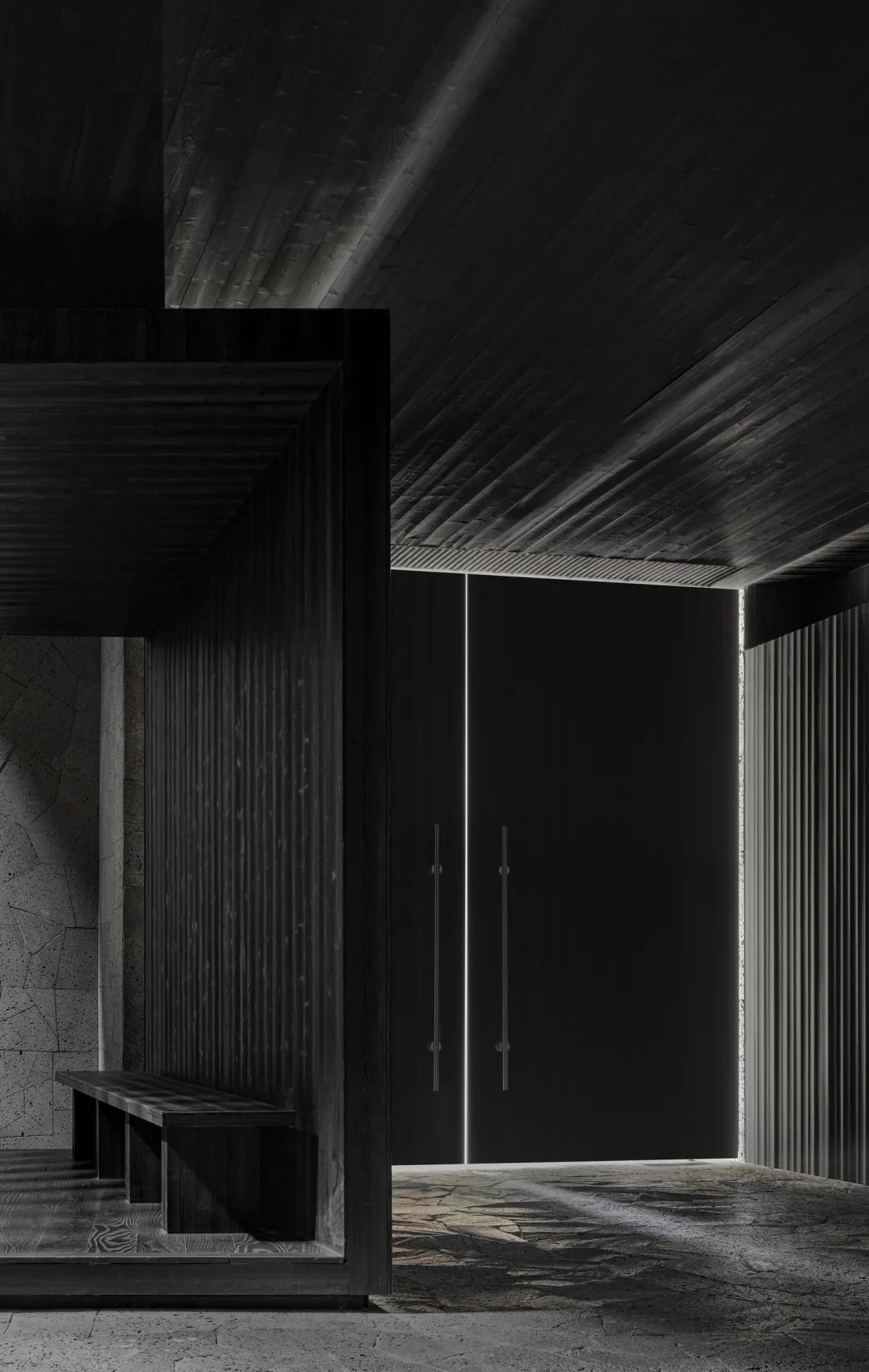 A dark hallway with a black door and a bench, creating a mysterious atmosphere