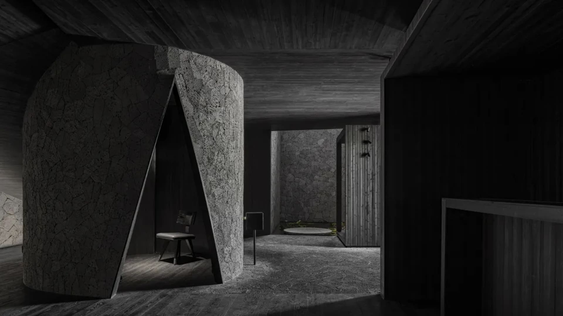 Dark hallway with a stone wall, wooden door, and two chairs, a potted plant adds greenery to the space