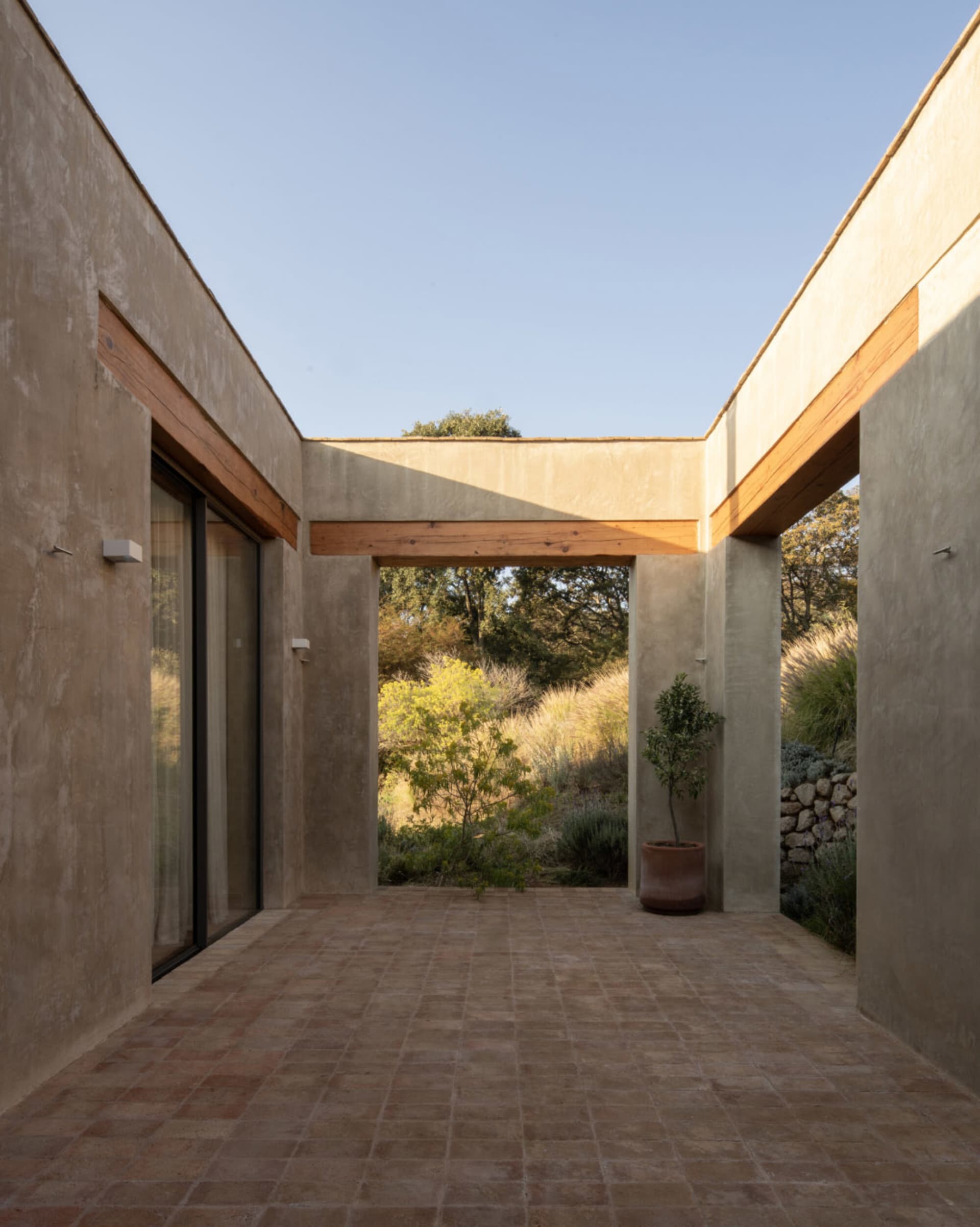 A bright and inviting open area with a concrete wall, wooden doorway, and natural light, featuring two potted plants