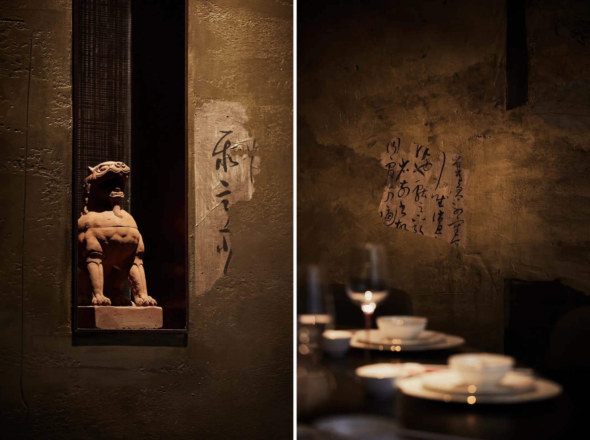 餐廳與廟宇場景，包含酒杯、杯子與獅子雕像，襯托文化背景