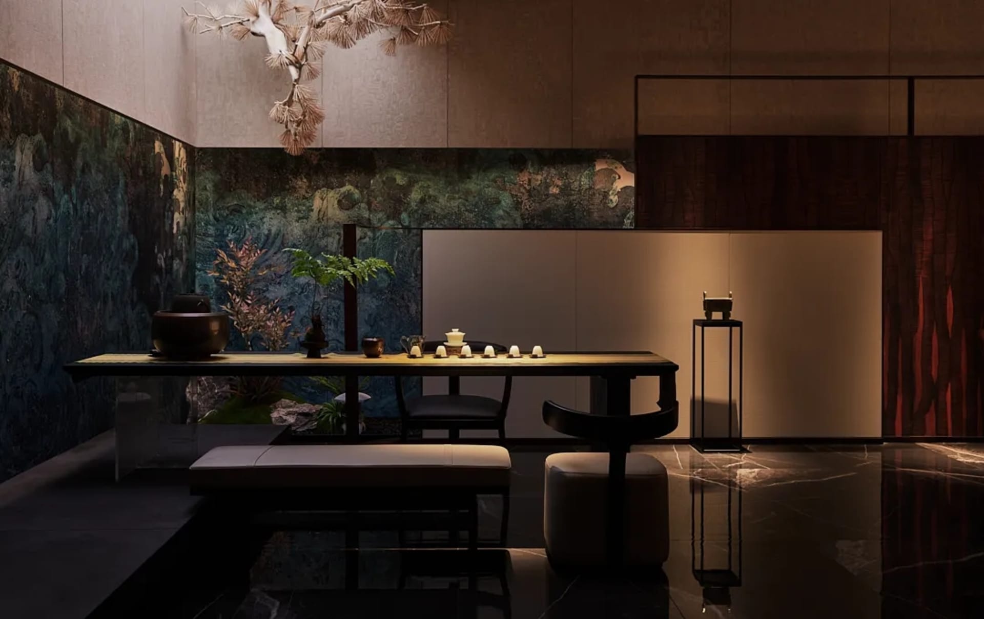Elegant dining area with two chairs, a dining table, and a smaller table, surrounded by a minimalist space with a large window and natural light