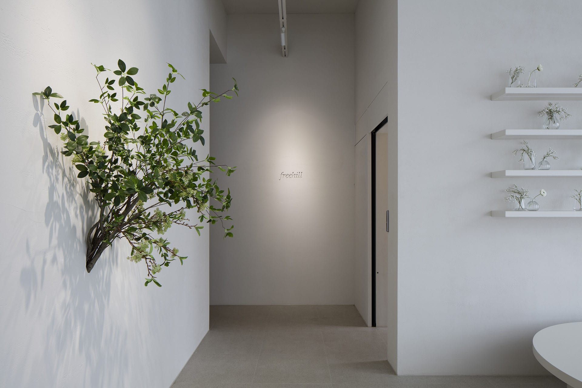 A calm and serene empty hallway with white walls, a tiled floor, and two potted plants on either side