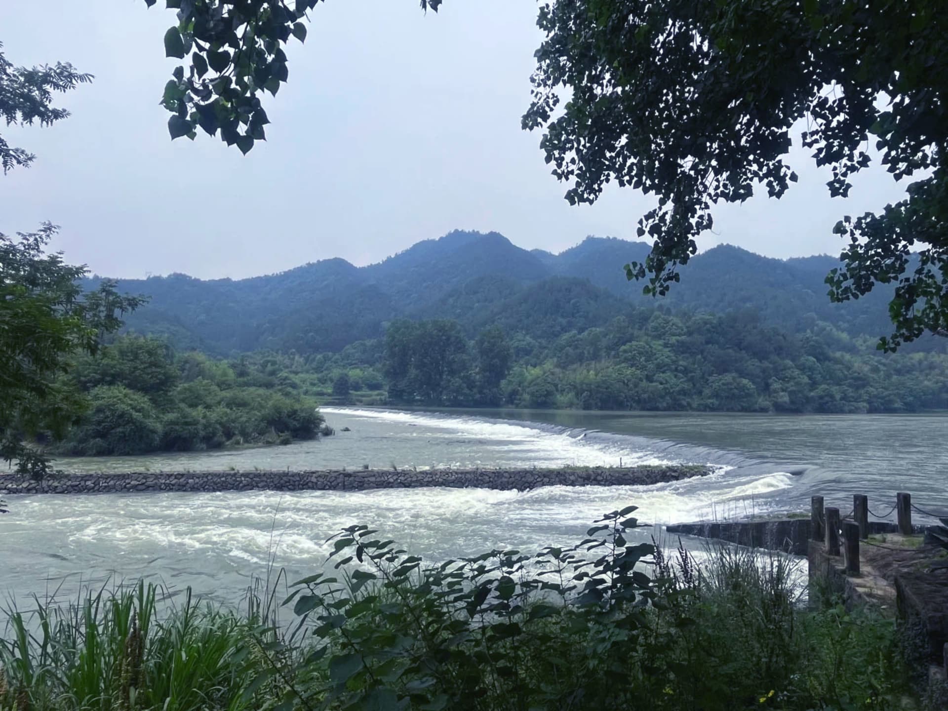 A peaceful waterfall cascades into a river surrounded by lush greenery and trees, creating a serene atmosphere