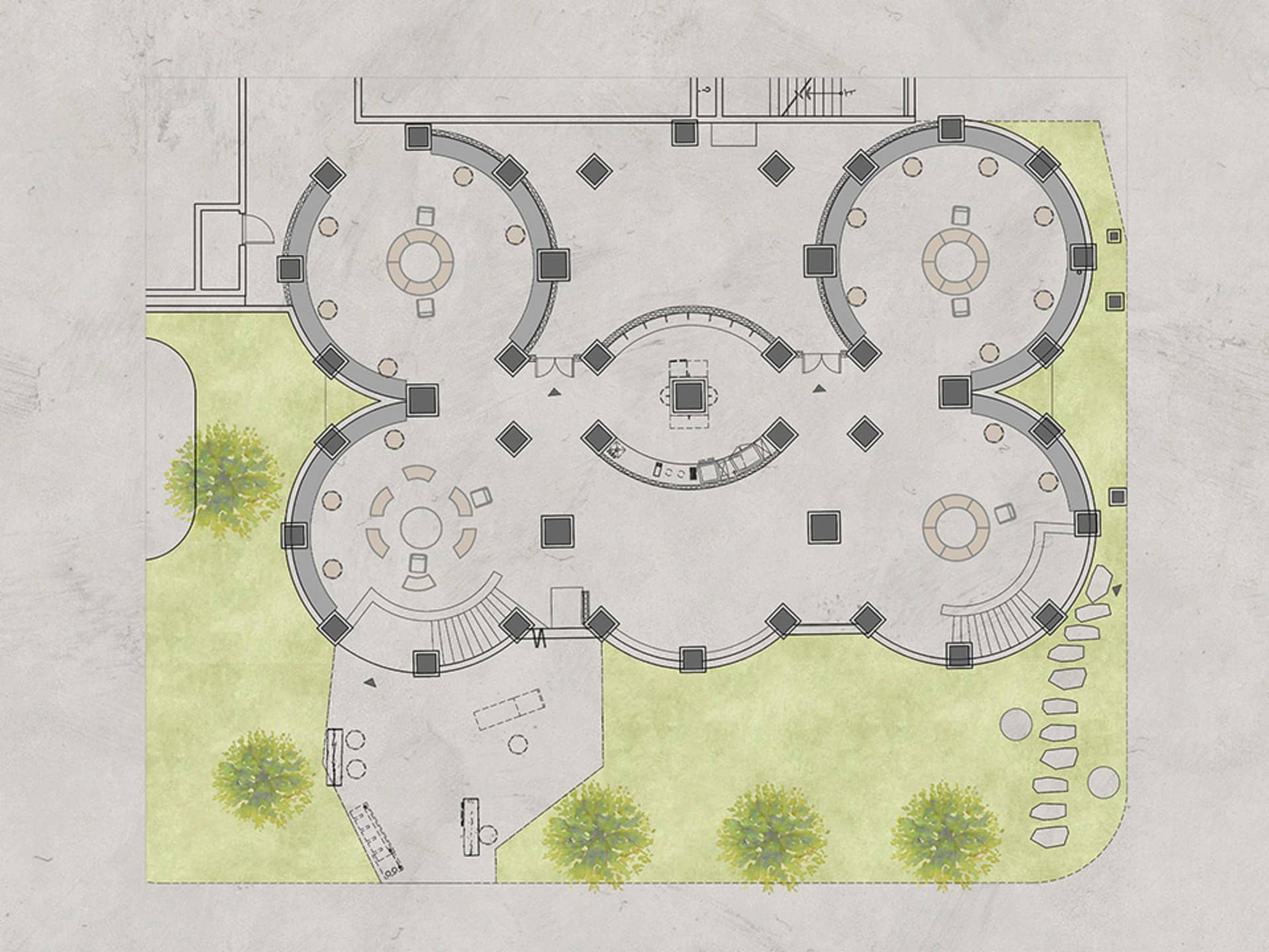 Inviting open space with a central circular design, chairs, and a focus on functionality and comfort