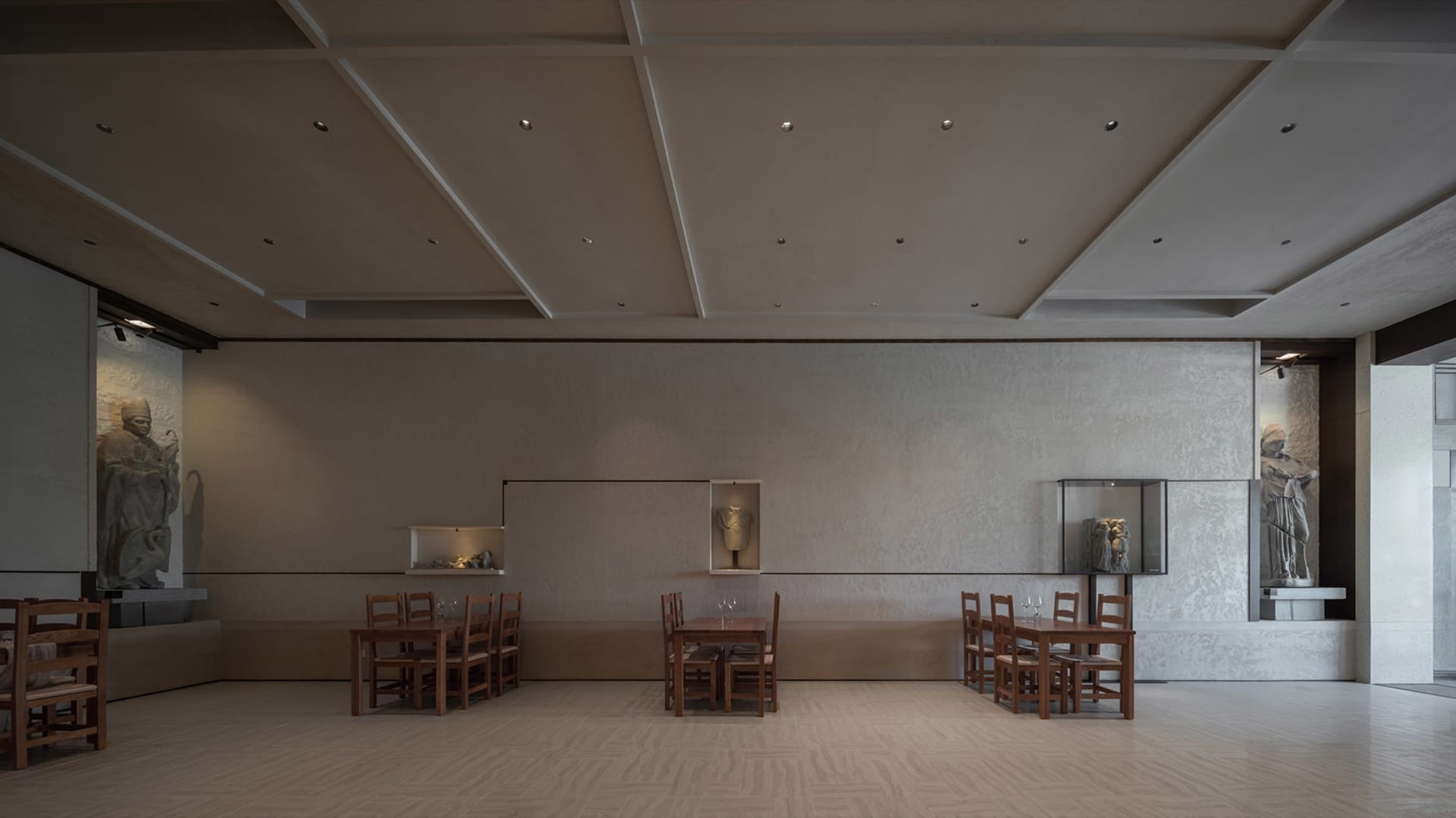 Empty restaurant with wooden tables and chairs, clean and well-organized, ready for customers