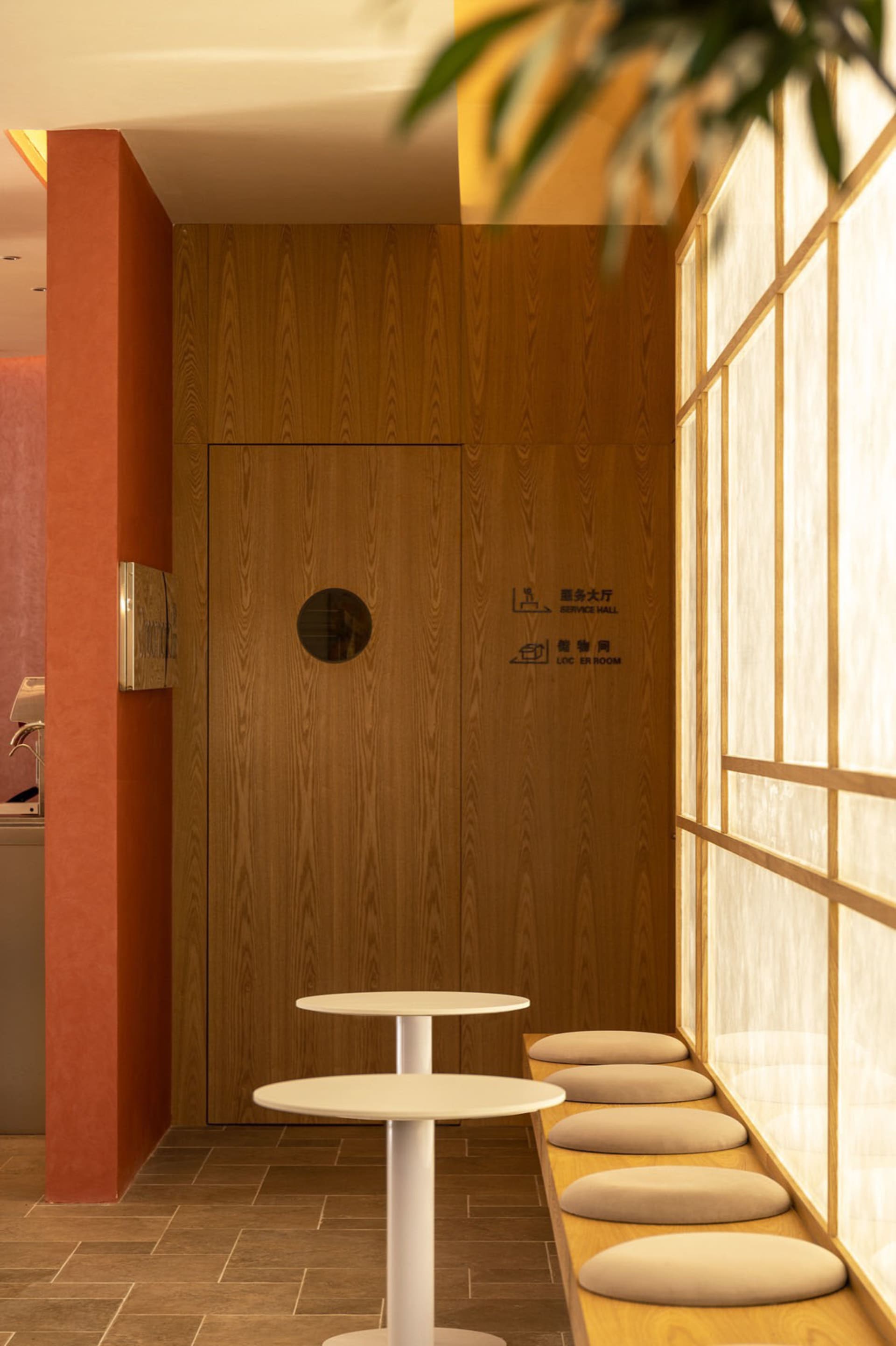 Warm and inviting room with wooden walls and floors, featuring two benches and a potted plant, with natural wood elements creating a cozy ambiance