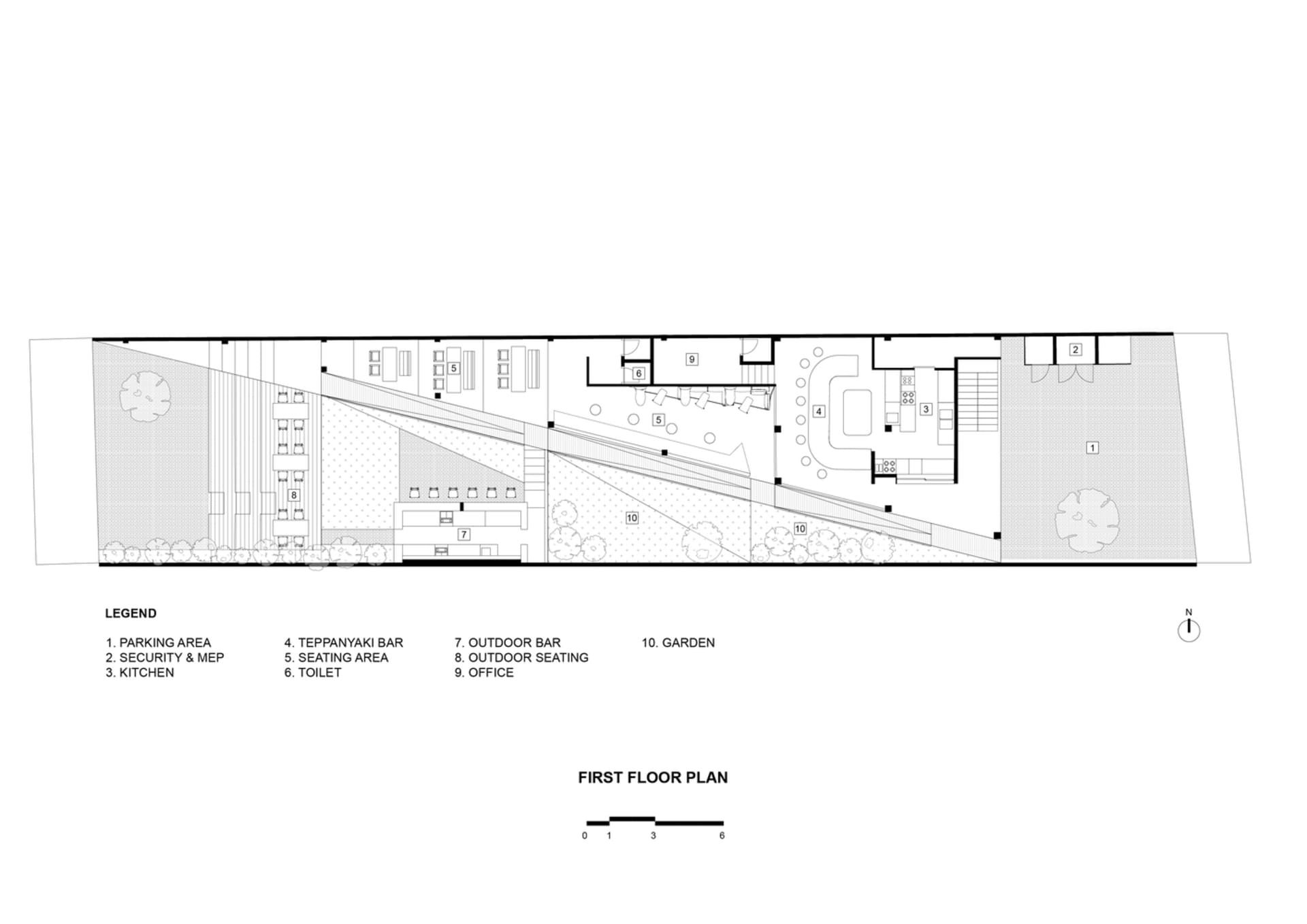 2D floor plan of an office building with various rooms, including offices, seating areas, and restrooms, presented in a white and black color scheme