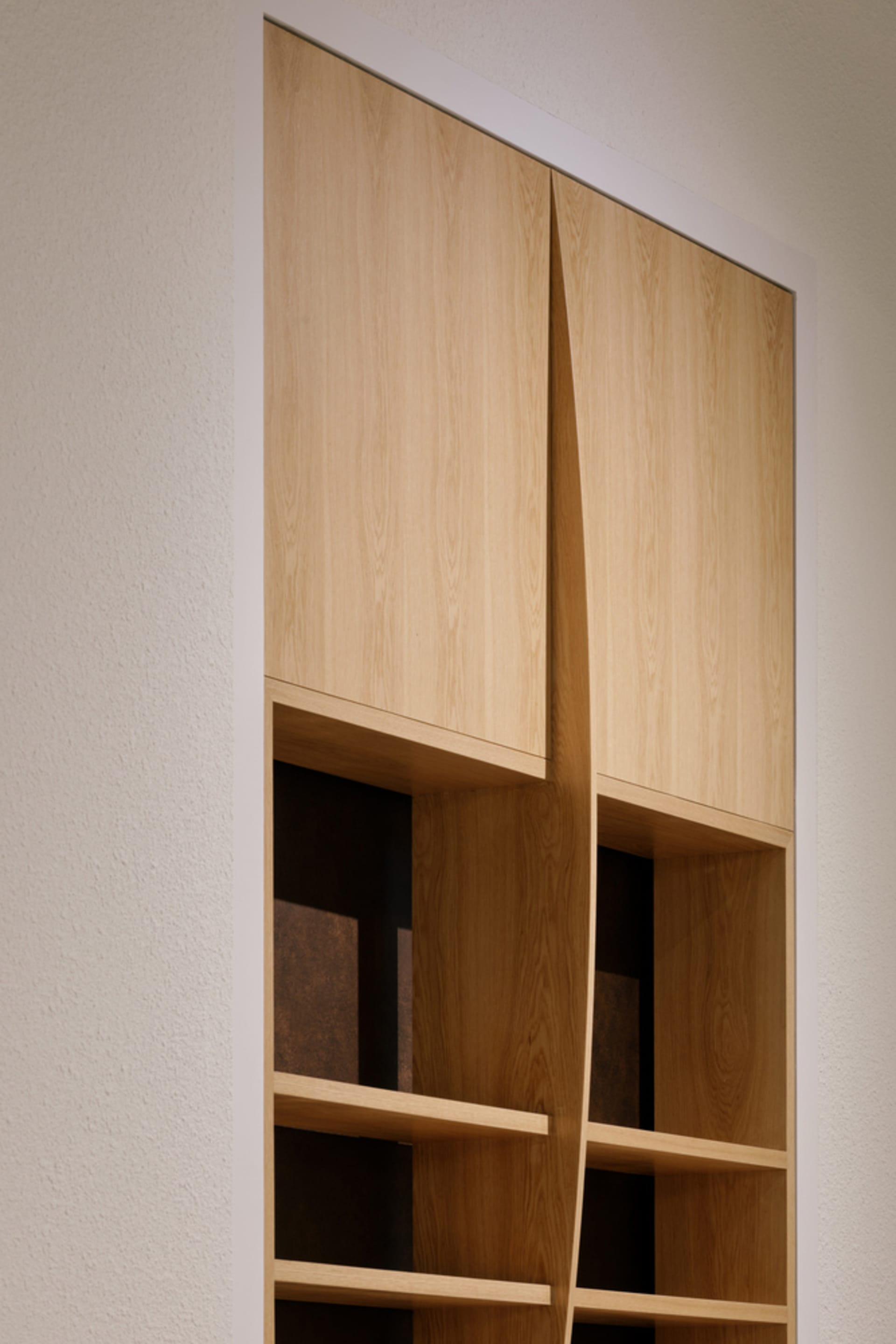 Two modern wooden cabinets with open doors and drawers, providing ample storage space with a warm and natural appearance