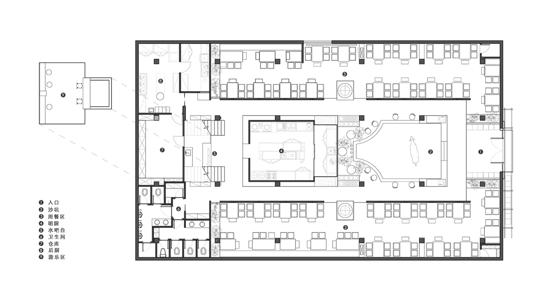 Modern hotel lobby with multiple seating areas, dining tables, chairs, and a well-organized layout
