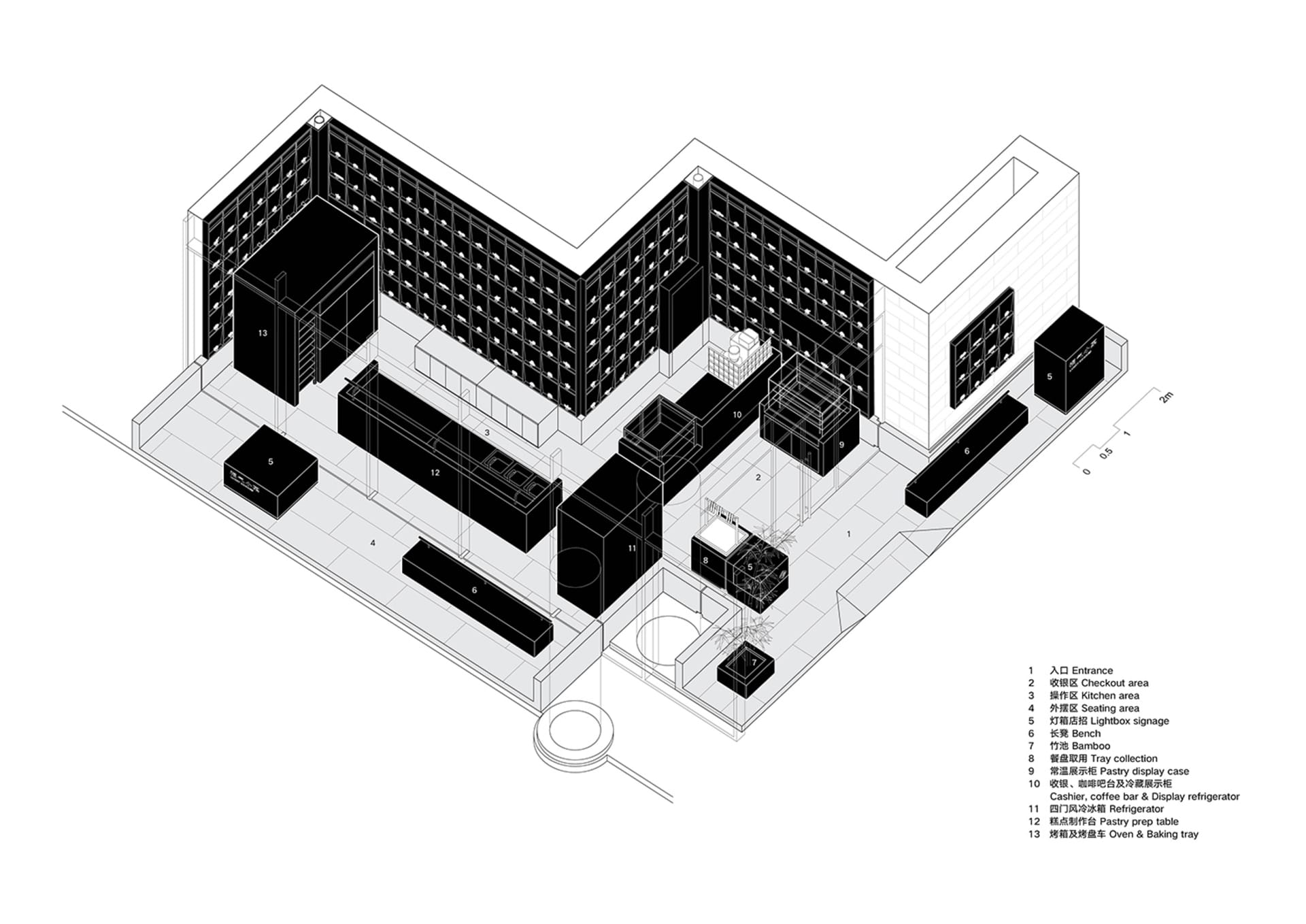 2D floor plan of a modern building with multiple rooms, clean lines, and open spaces, featuring concrete and steel materials