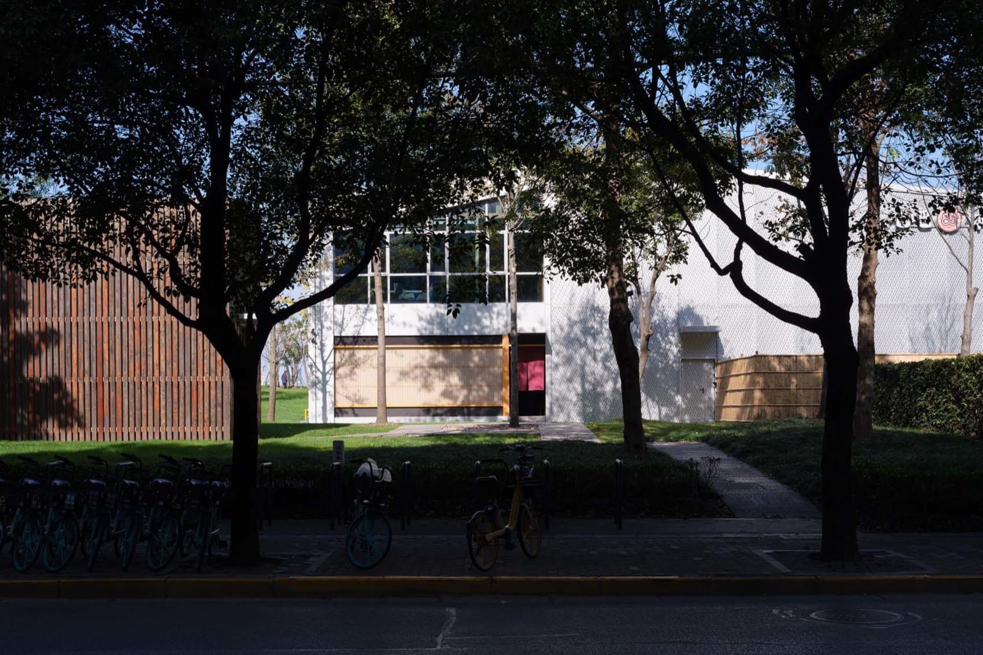 Modern building with a large window, surrounded by trees and bicycles, in a urban setting