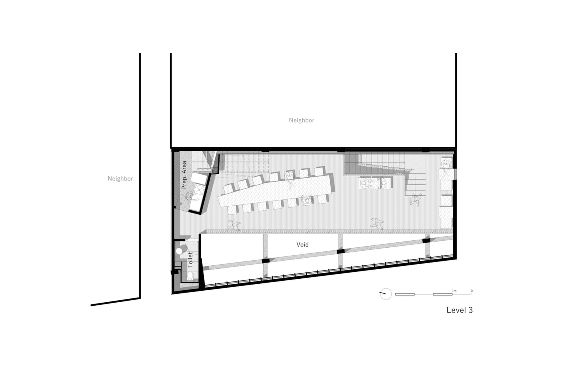 Black and white floor plan of a multi-level building with various rooms, including a kitchen, dining area, living room, and office spaces