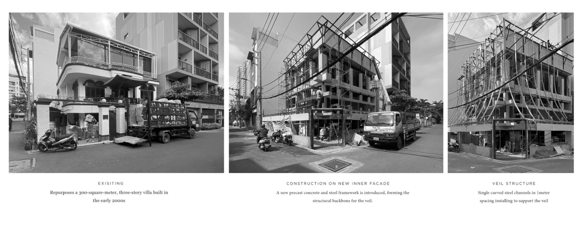一處建築施工中的工地，展示外觀與內部視角，包含卡車、工作人員與吊車