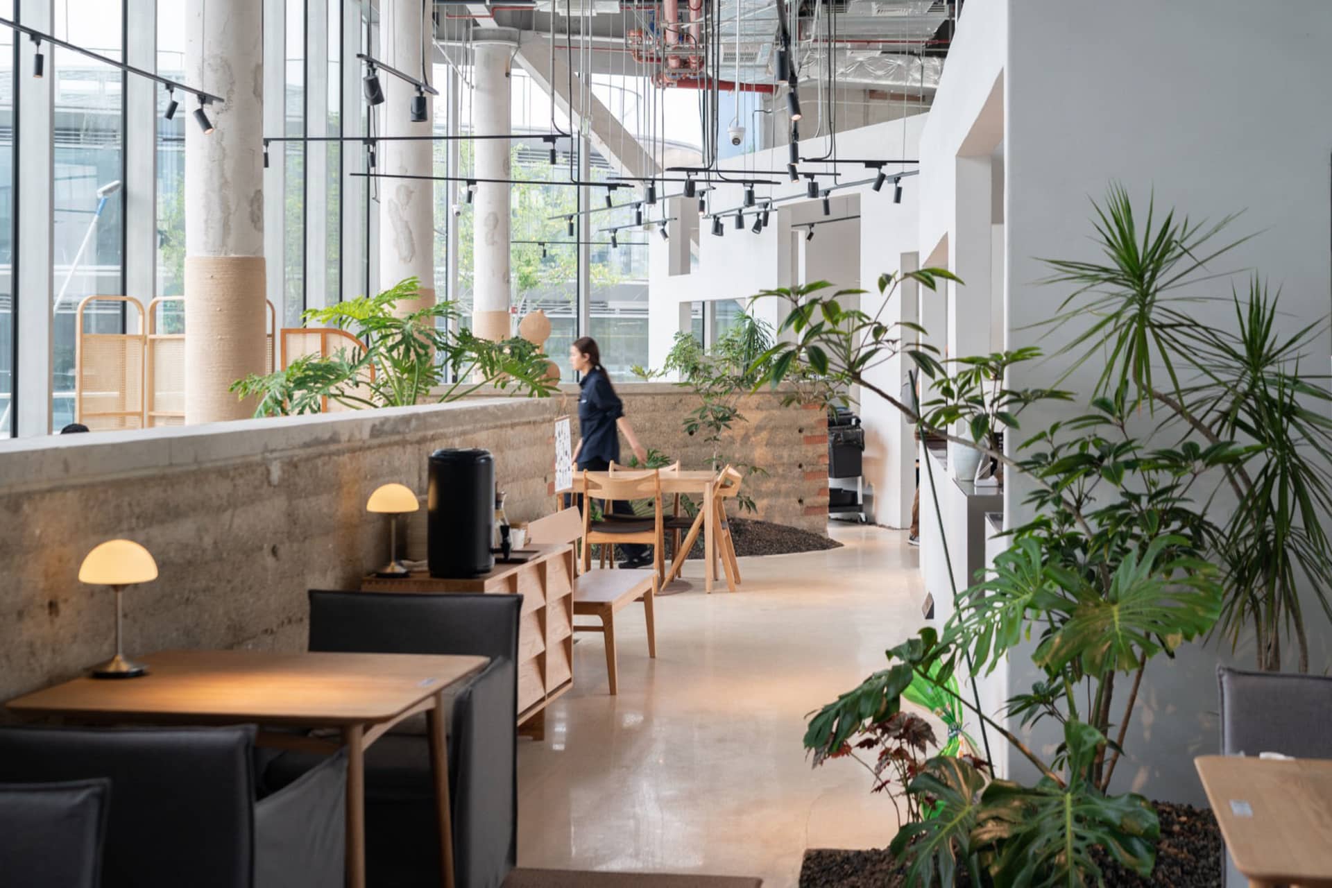 Inviting open space with high ceilings, multiple plants, potted trees, and comfortable seating areas