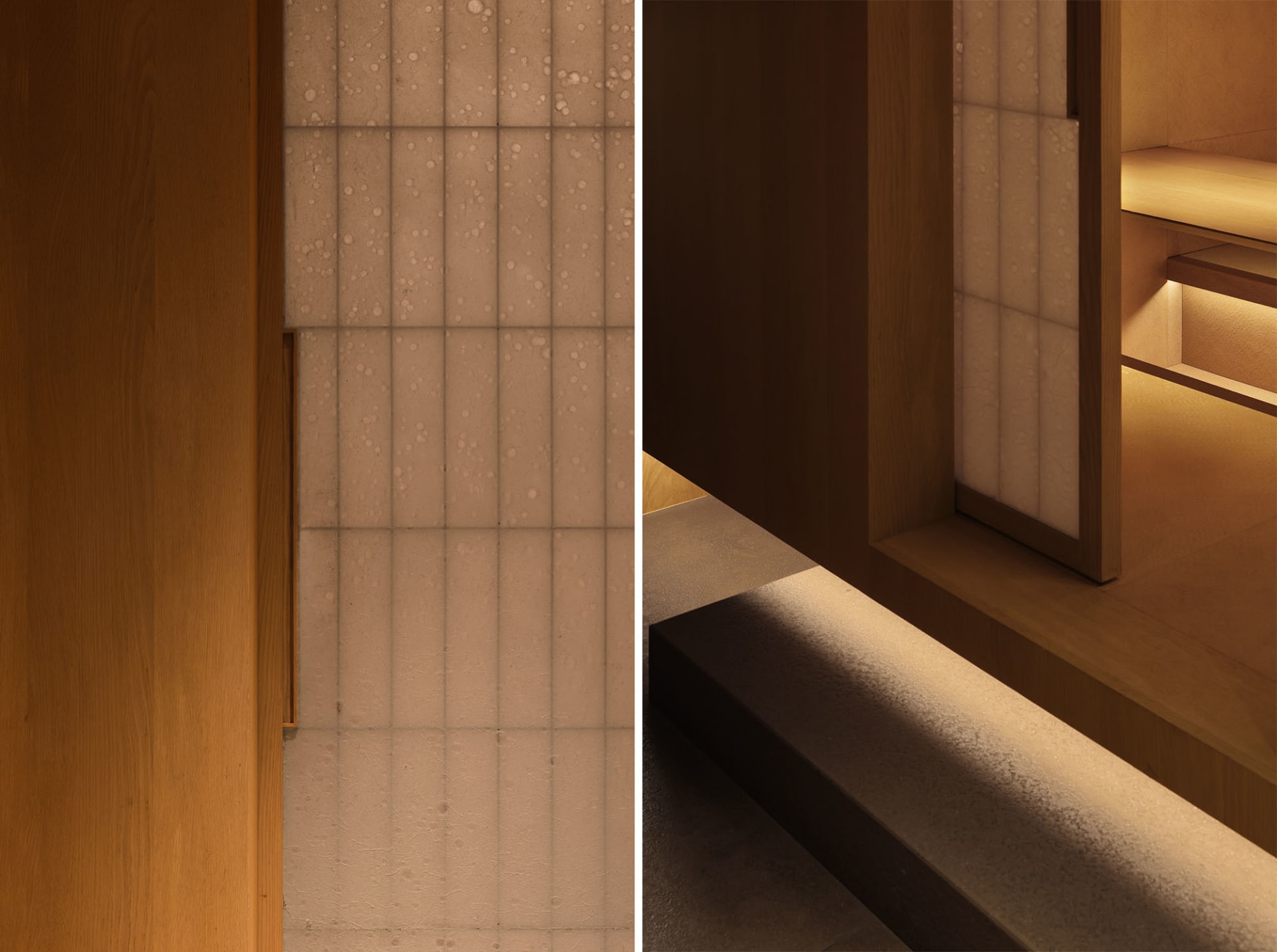 Bathroom with tiled walls, wooden doorframe, and brownish tiles in a dimly lit space