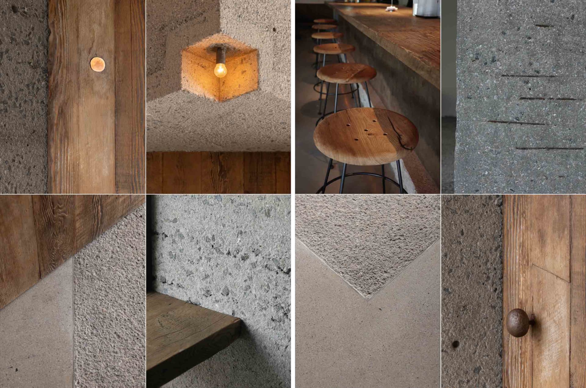 Interior design project featuring stools, chairs, dining tables, and lights in a space with cement walls and a modern aesthetic