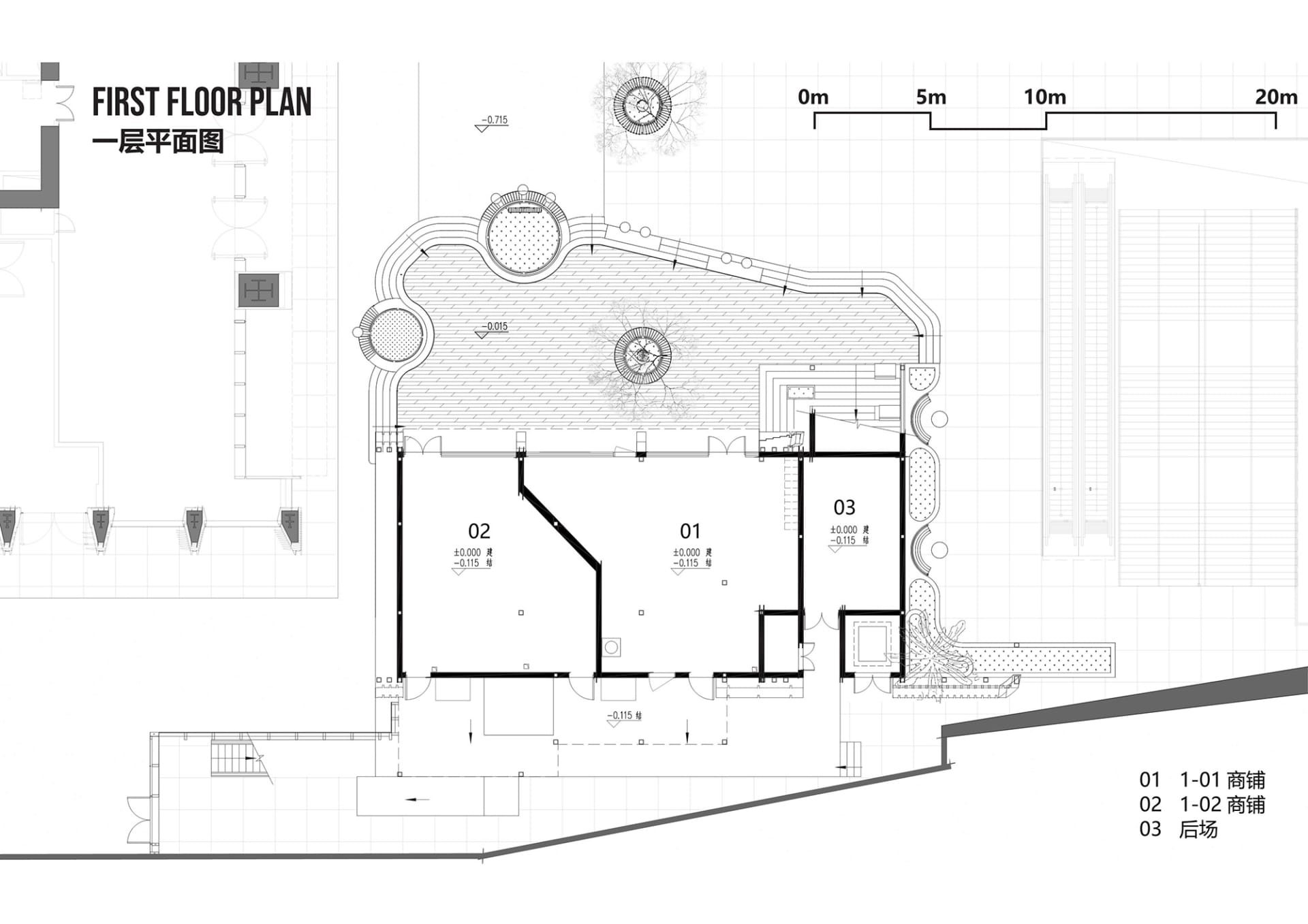 White floor plan of a modern apartment complex with various rooms and linework, labels, and measurements