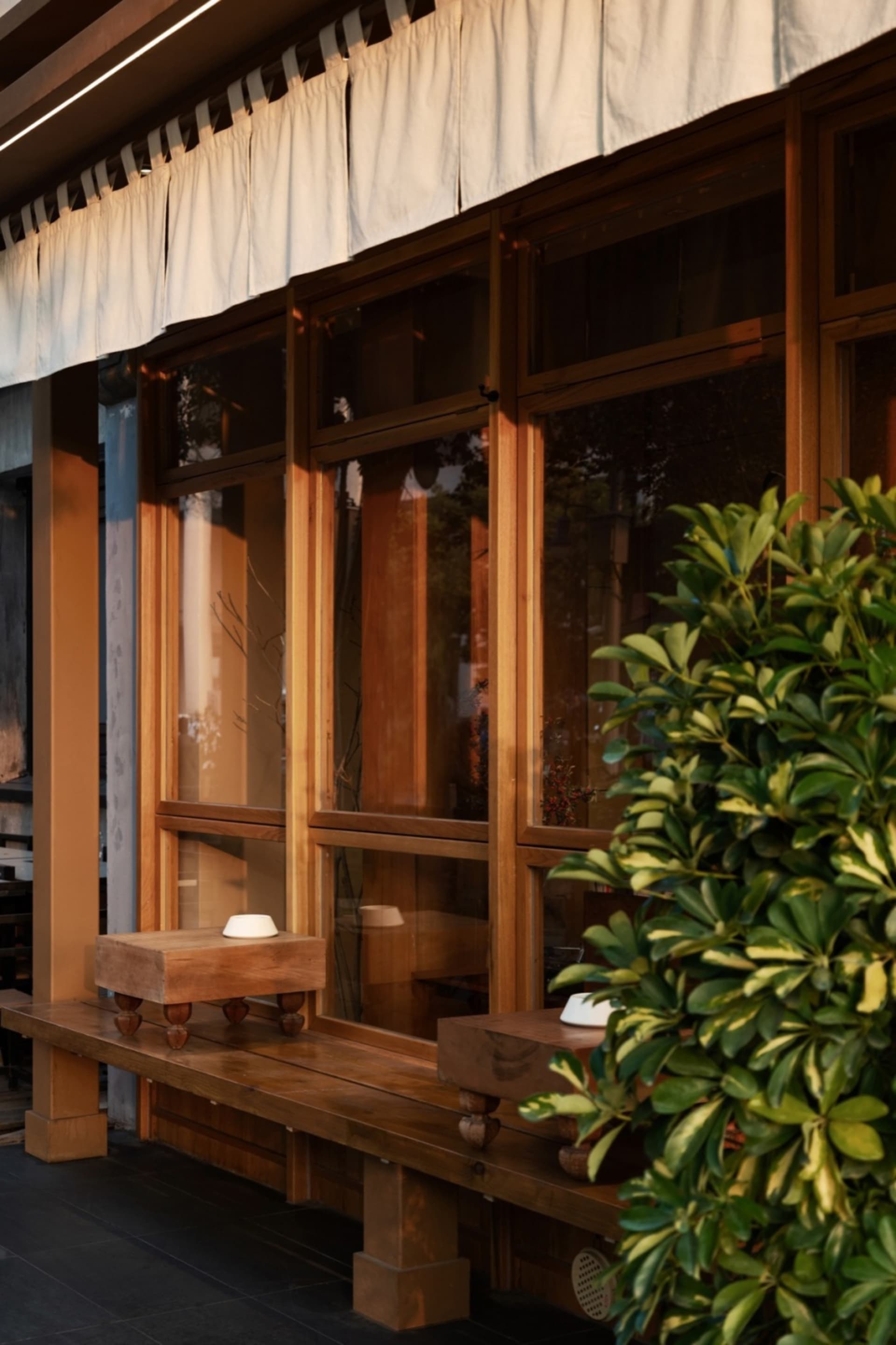 Warm dining area with wooden walls and floors, multiple windows, and a bench, featuring a cozy atmosphere