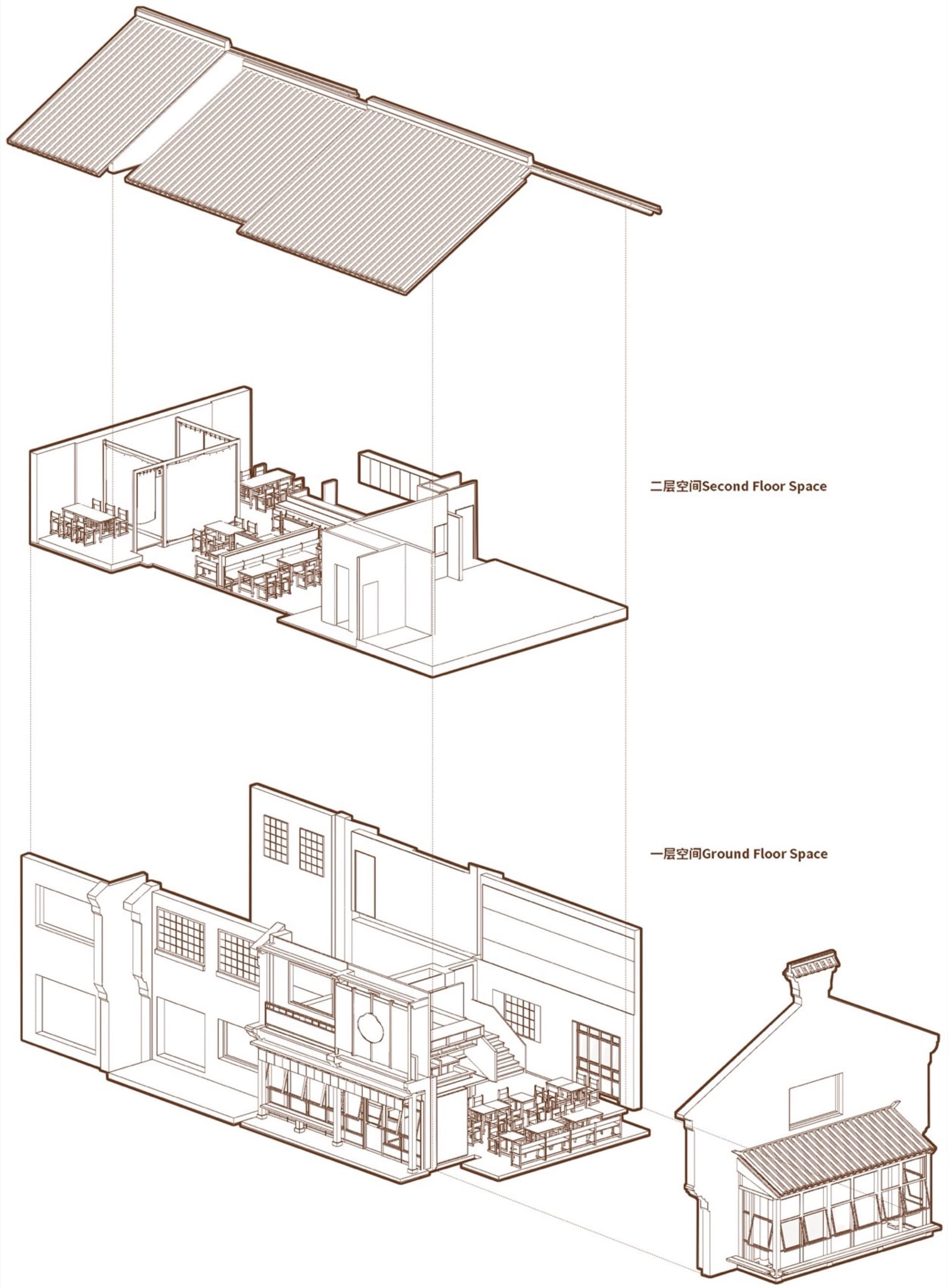 2D floor plan of a modern house with wood and glass features, neutral colors, and natural lighting