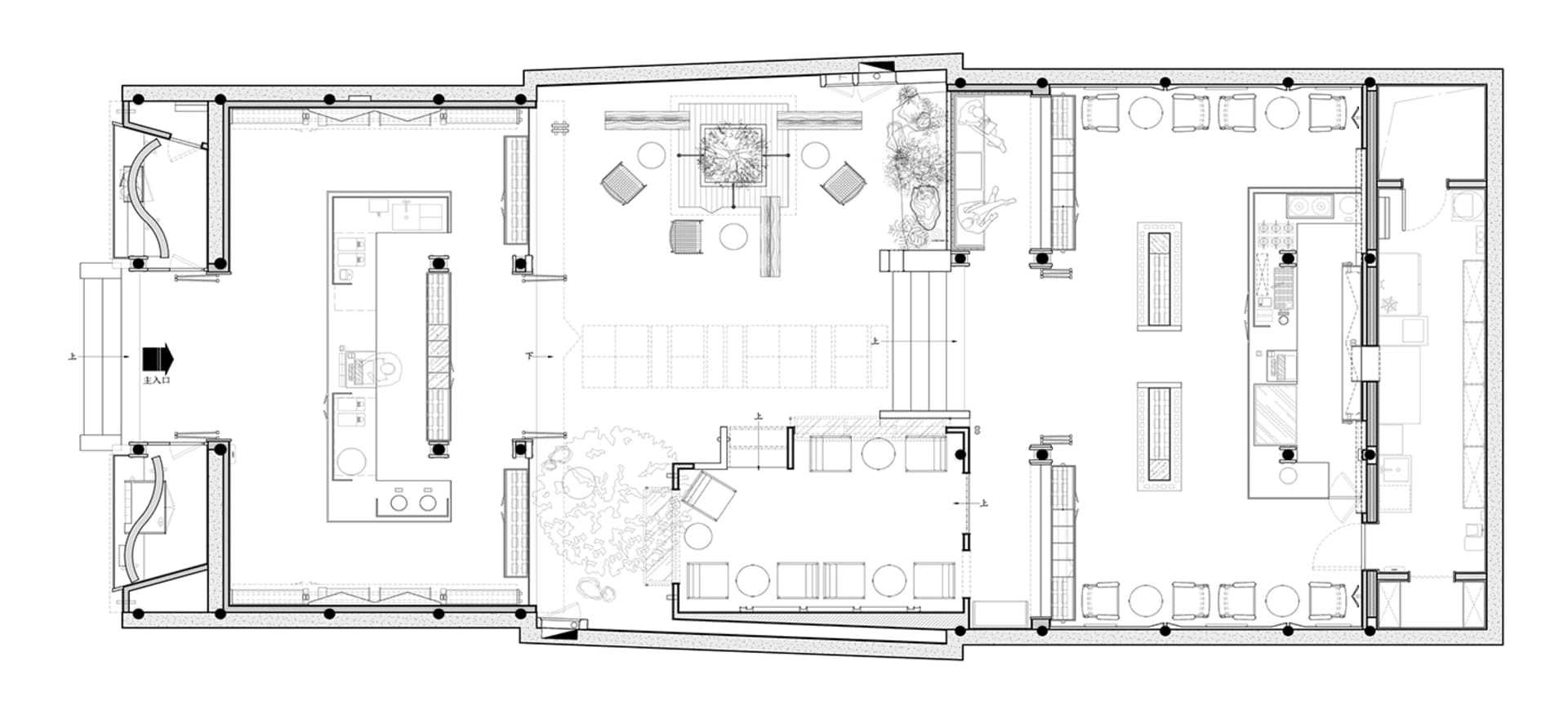 現代客廳空間，設有沙發、椅子、餐桌與盆栽，柔和燈光營造溫馨氛圍