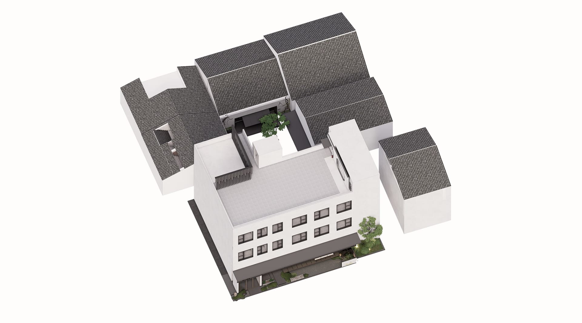 A modern white house with a gray roof and a large window on one side, set against a blank background