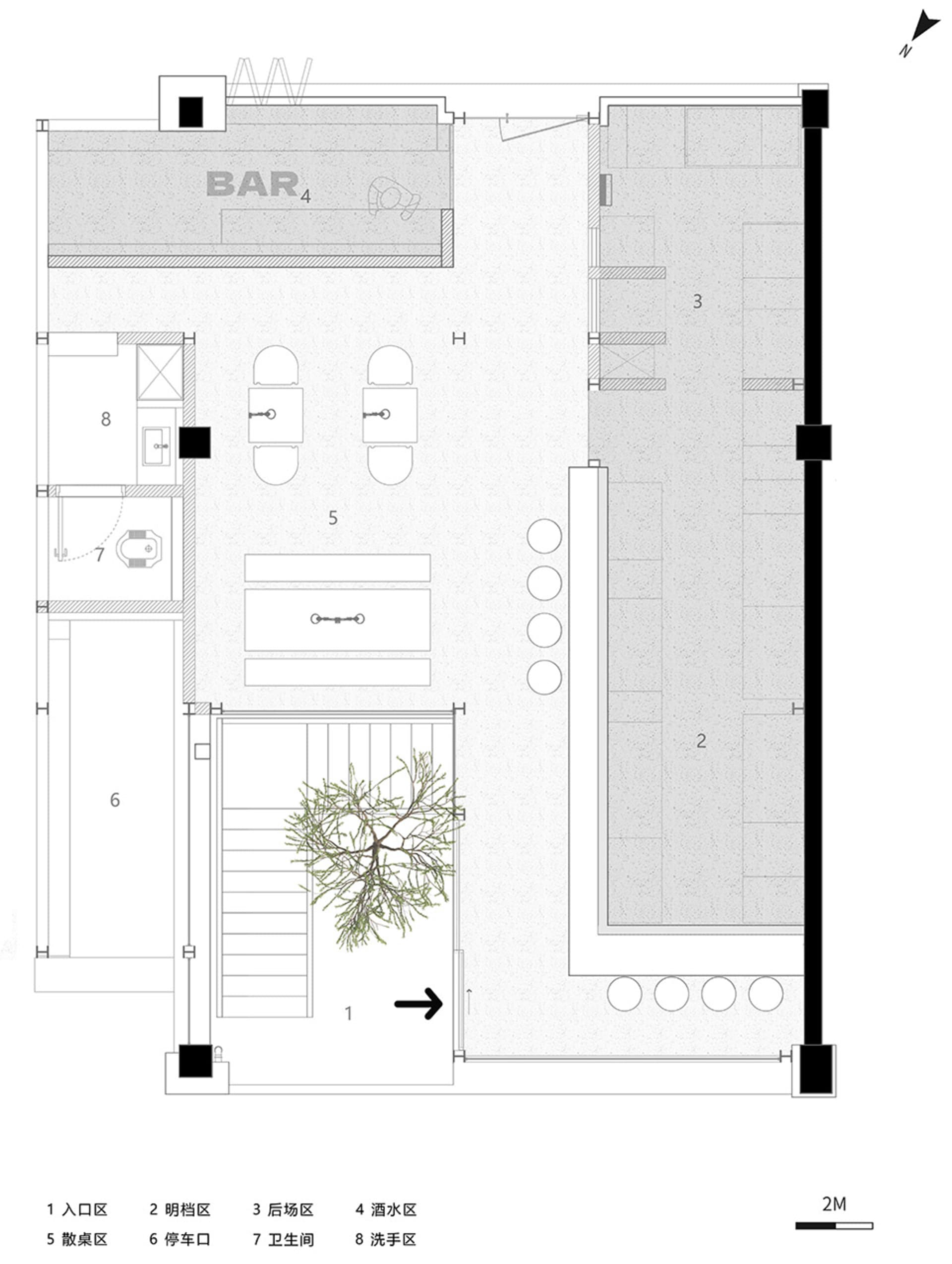 2D floor plan of a modern building with a bar area, kitchen, dining area, living room, and bedroom, featuring a tree in a pot and scattered chairs