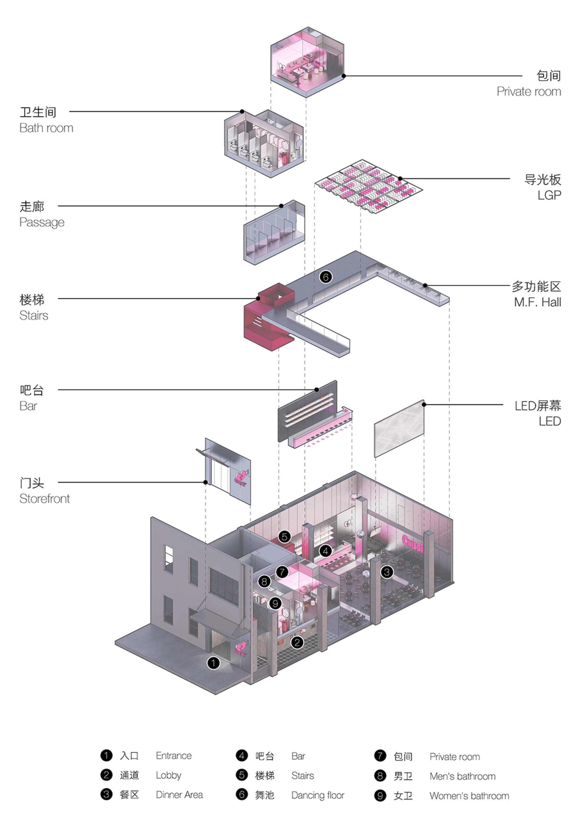 灰粉色調平面圖，包含多種房間如衛浴與走廊，並標註尺寸與符號