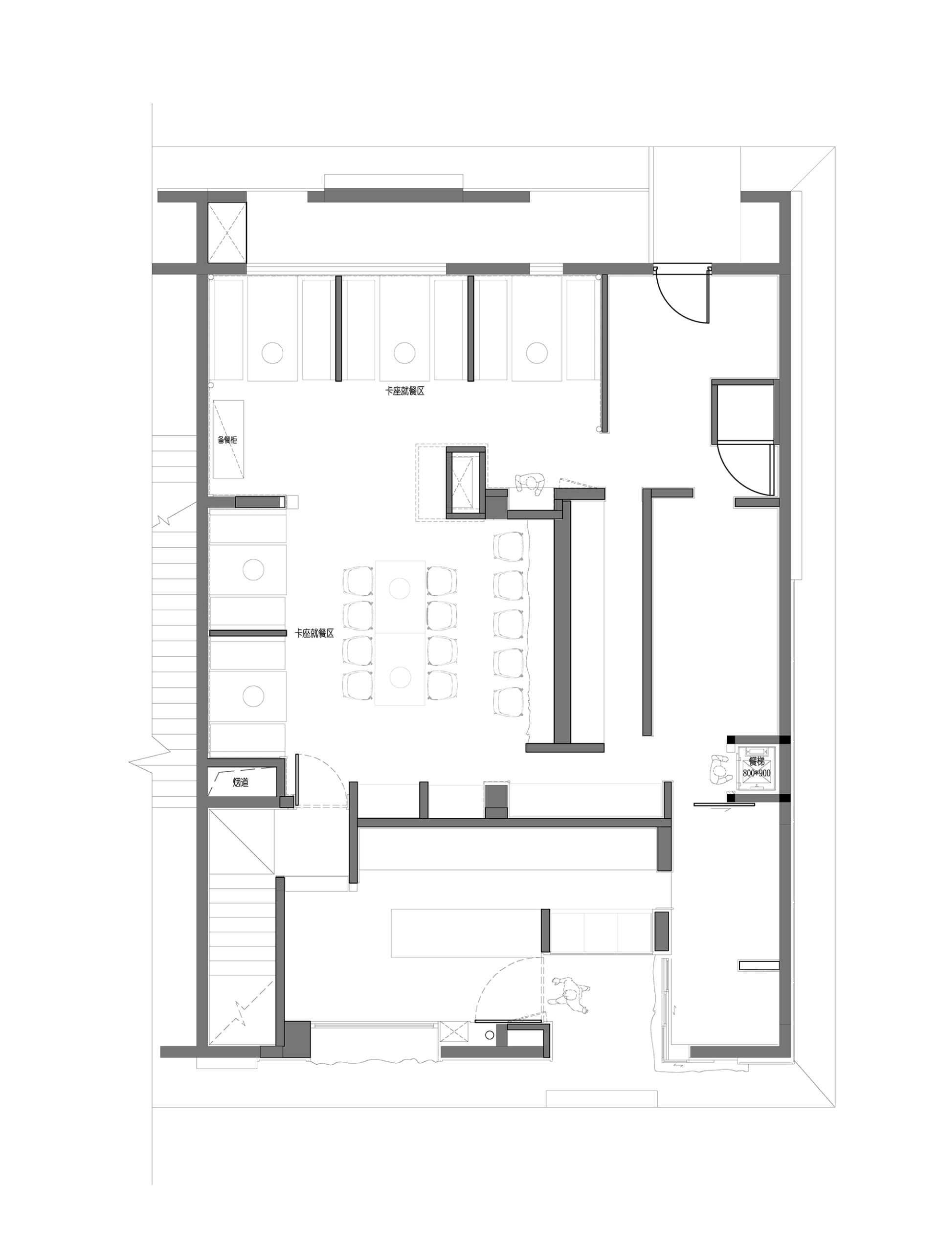 A 2D floor plan showing a multi-level residential space with open areas and smaller rooms, featuring linework, labels, and a well-planned layout