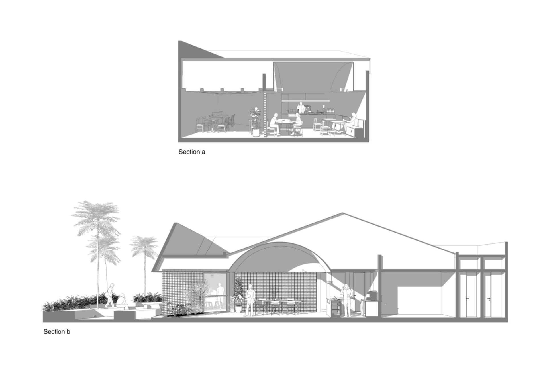 Architectural rendering of a house with two sections, chairs, dining tables, and potted plants throughout the interior space