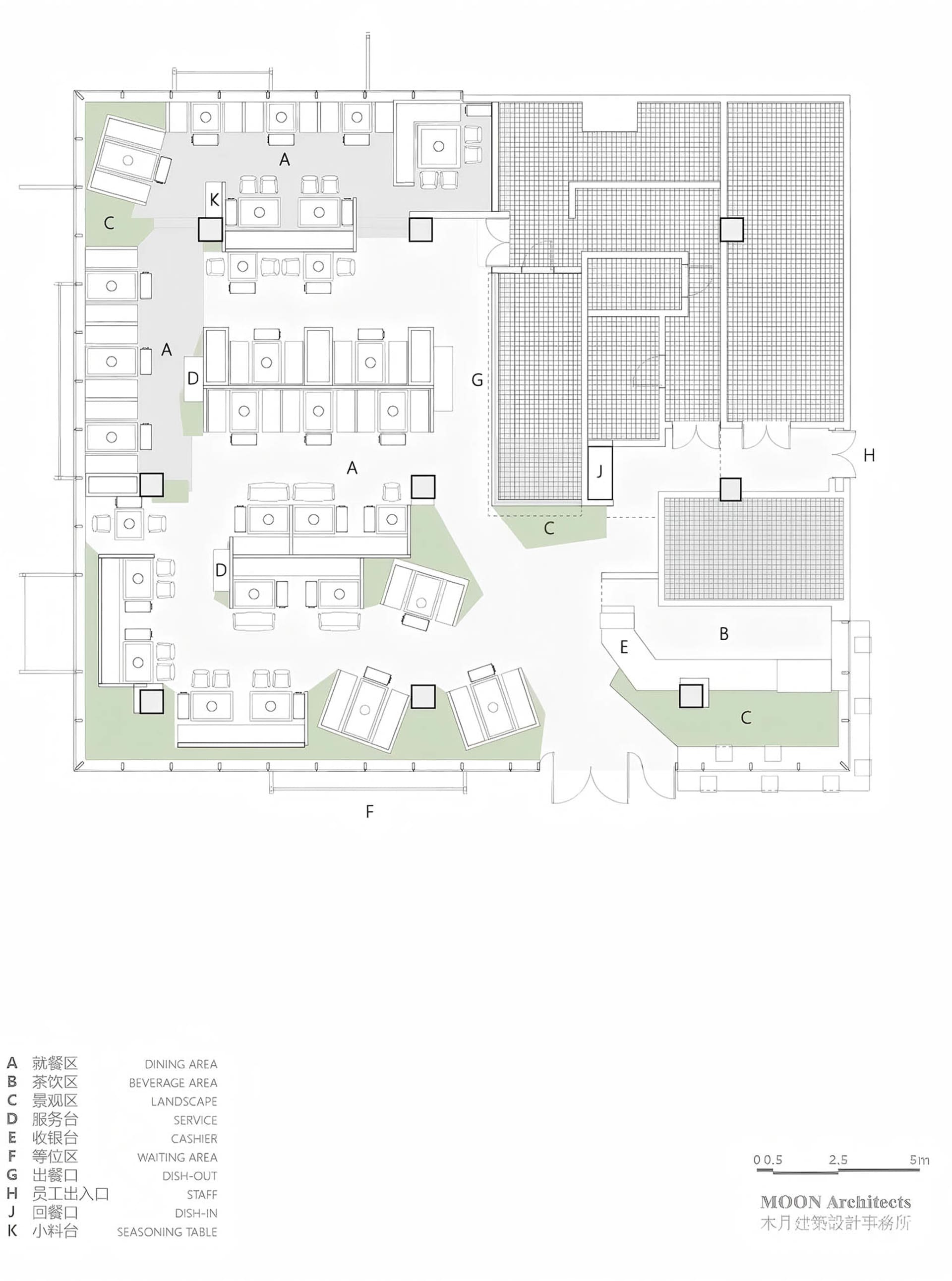 白色與綠色調平面圖，包含多間房間、走廊及餐廳區域，以清新現代風格呈現