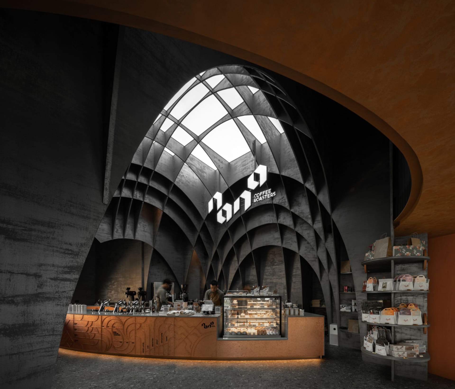 Inviting cafe interior with a counter, wooden accents, and a person serving beverages