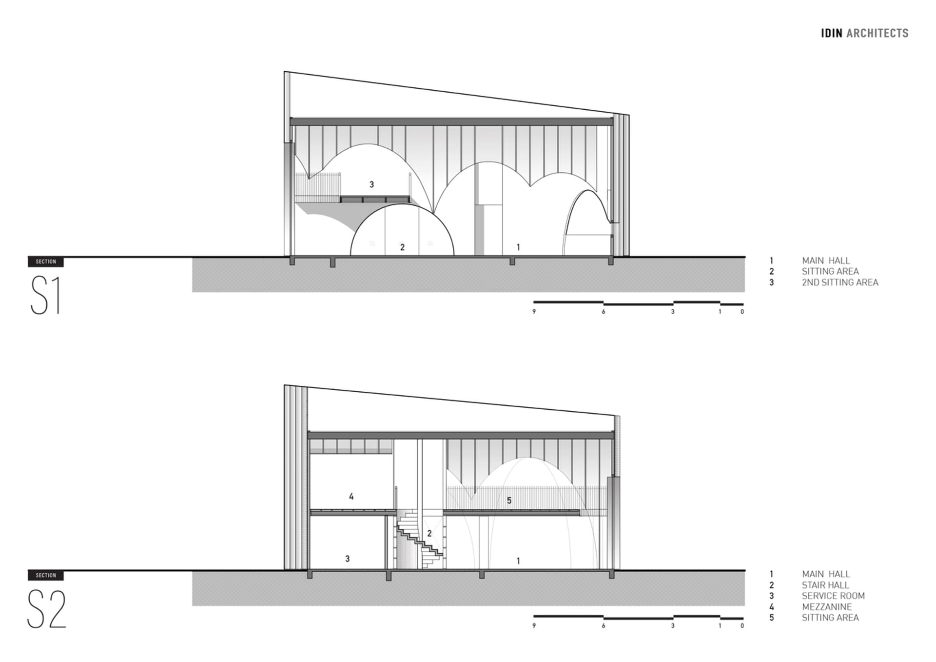 一座擁有弧形屋頂與圓窗的現代建築，極簡設計且室內採光充足