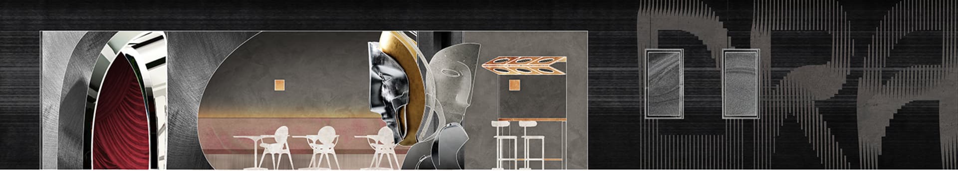 Modern bar area with a metal sculpture of a person's head, a dining table, and three chairs, featuring metallic elements and a contemporary design