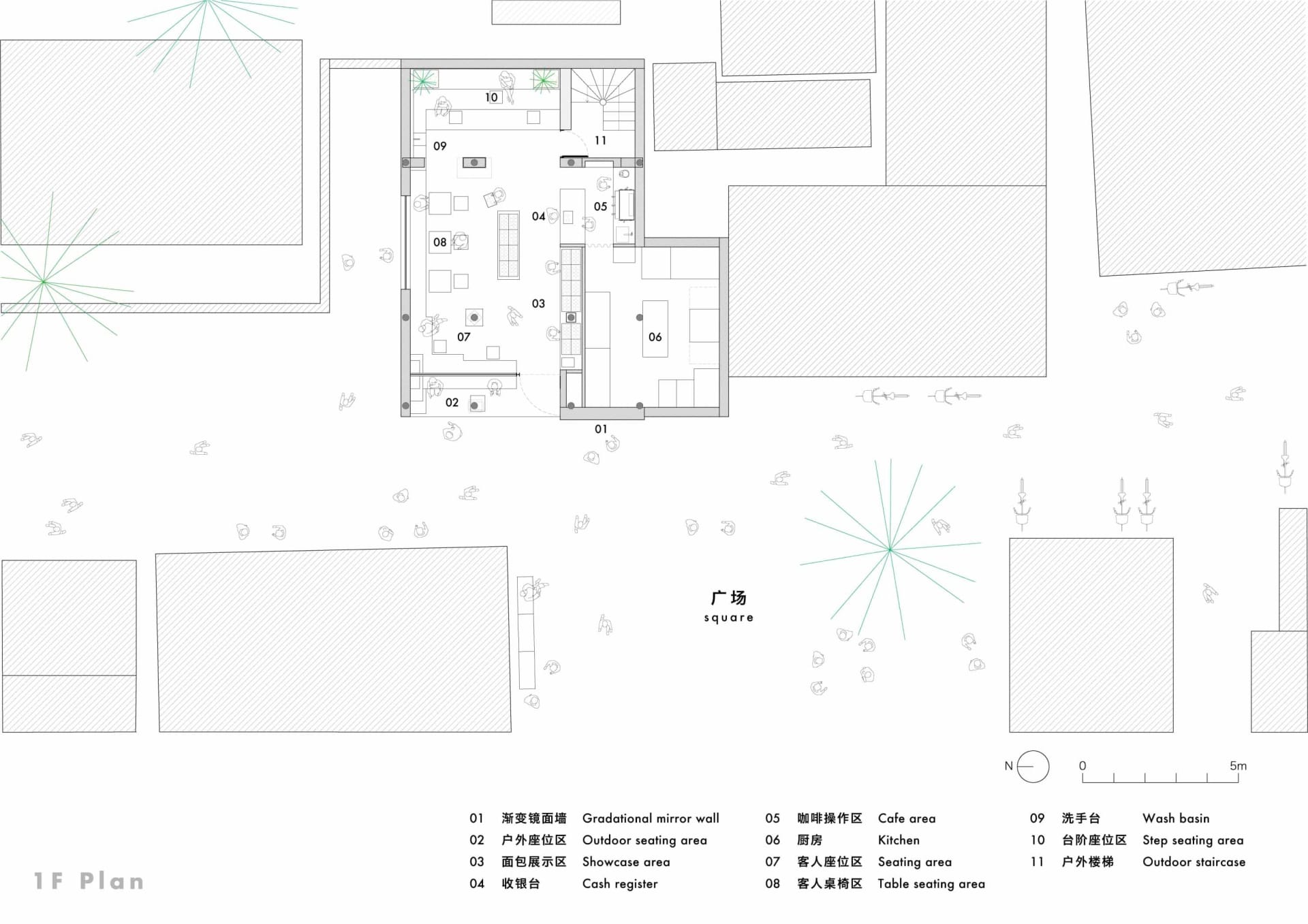 2D floor plan of a modern hotel with labeled rooms, seating areas, and tables, featuring a mix of English and Chinese text