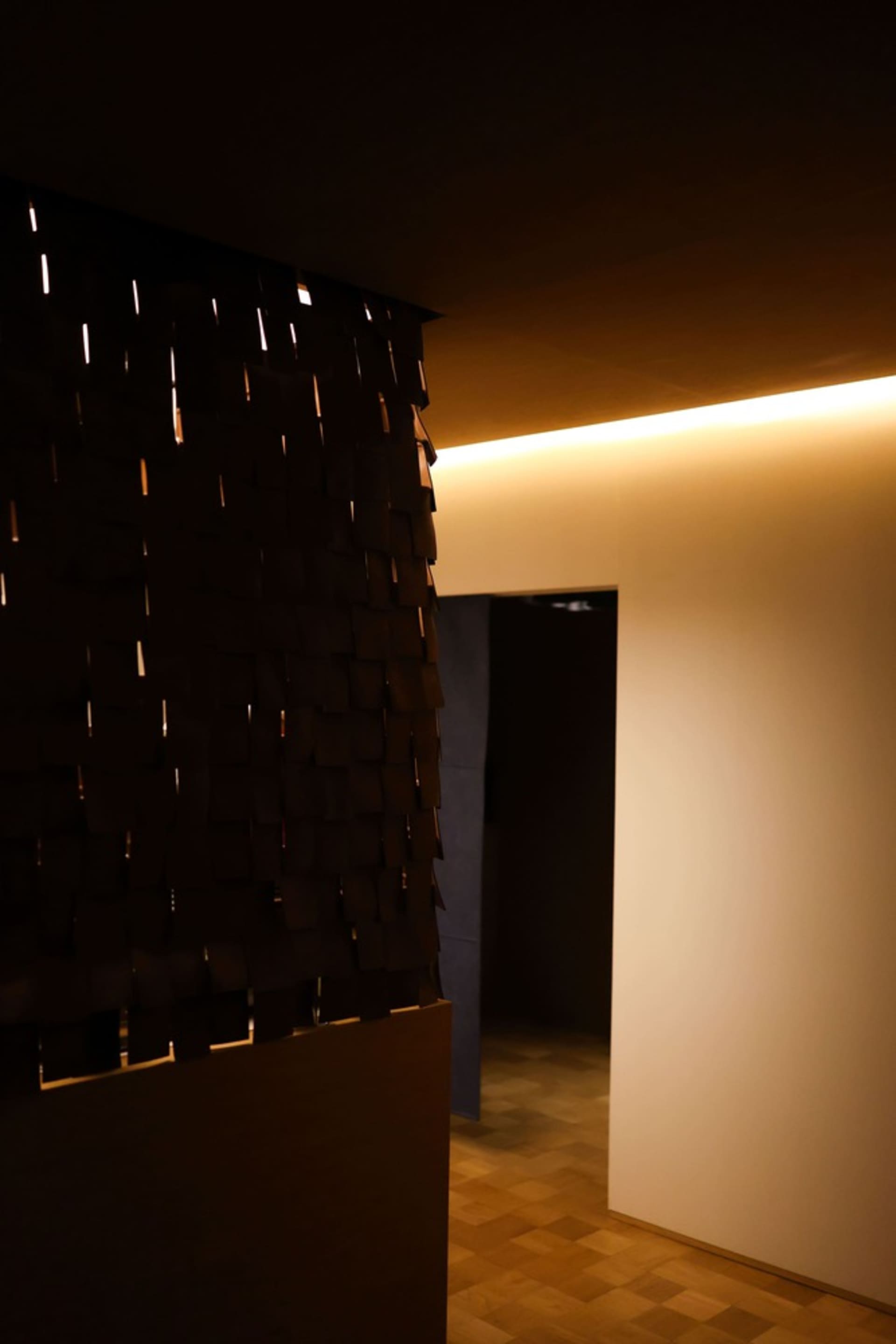 Dimly lit hallway with wooden walls, two doors, and a warm atmosphere