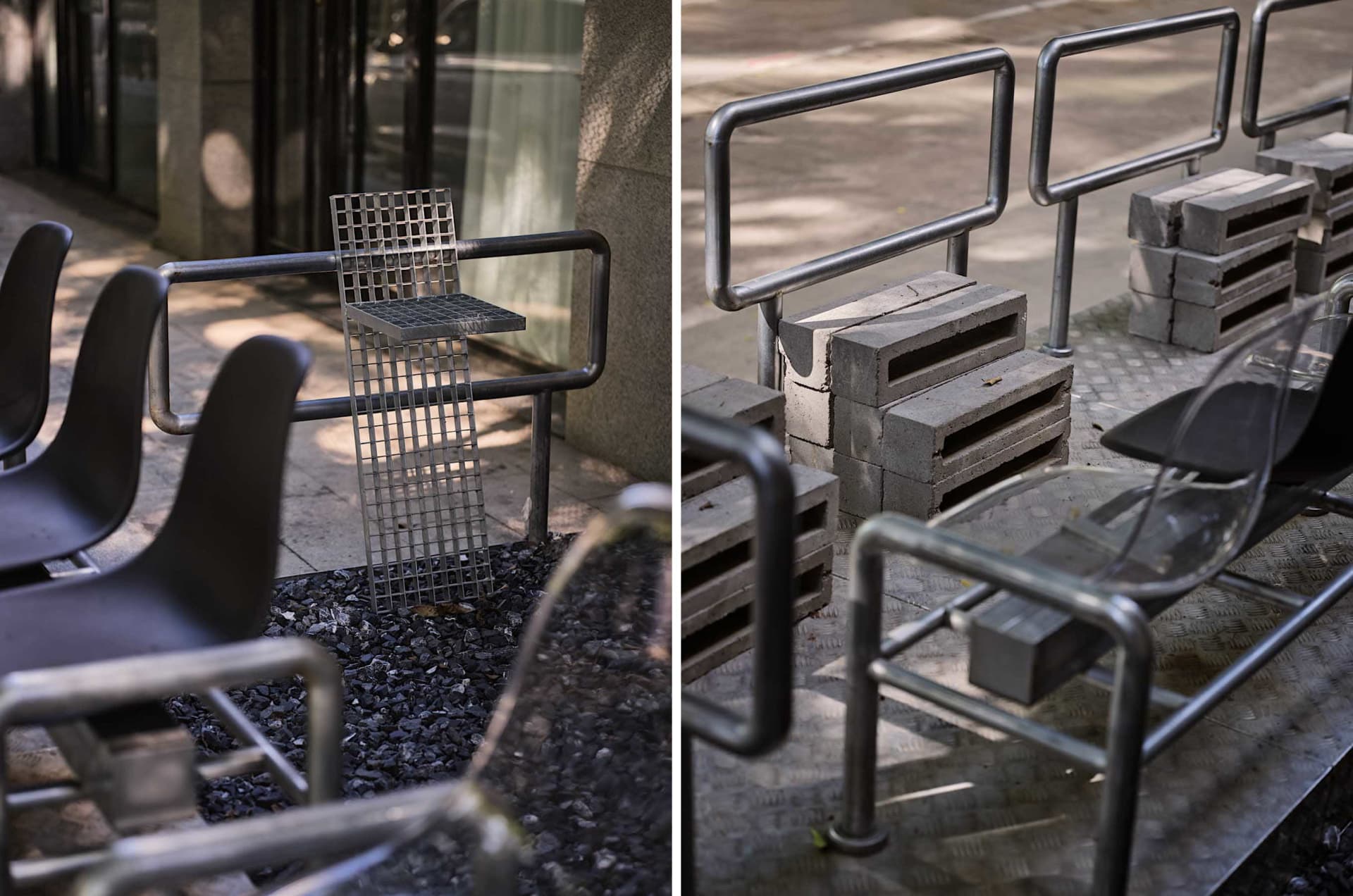 A modern urban public space with benches, chairs, and staircases, featuring concrete and metal materials in a clean and minimalistic design