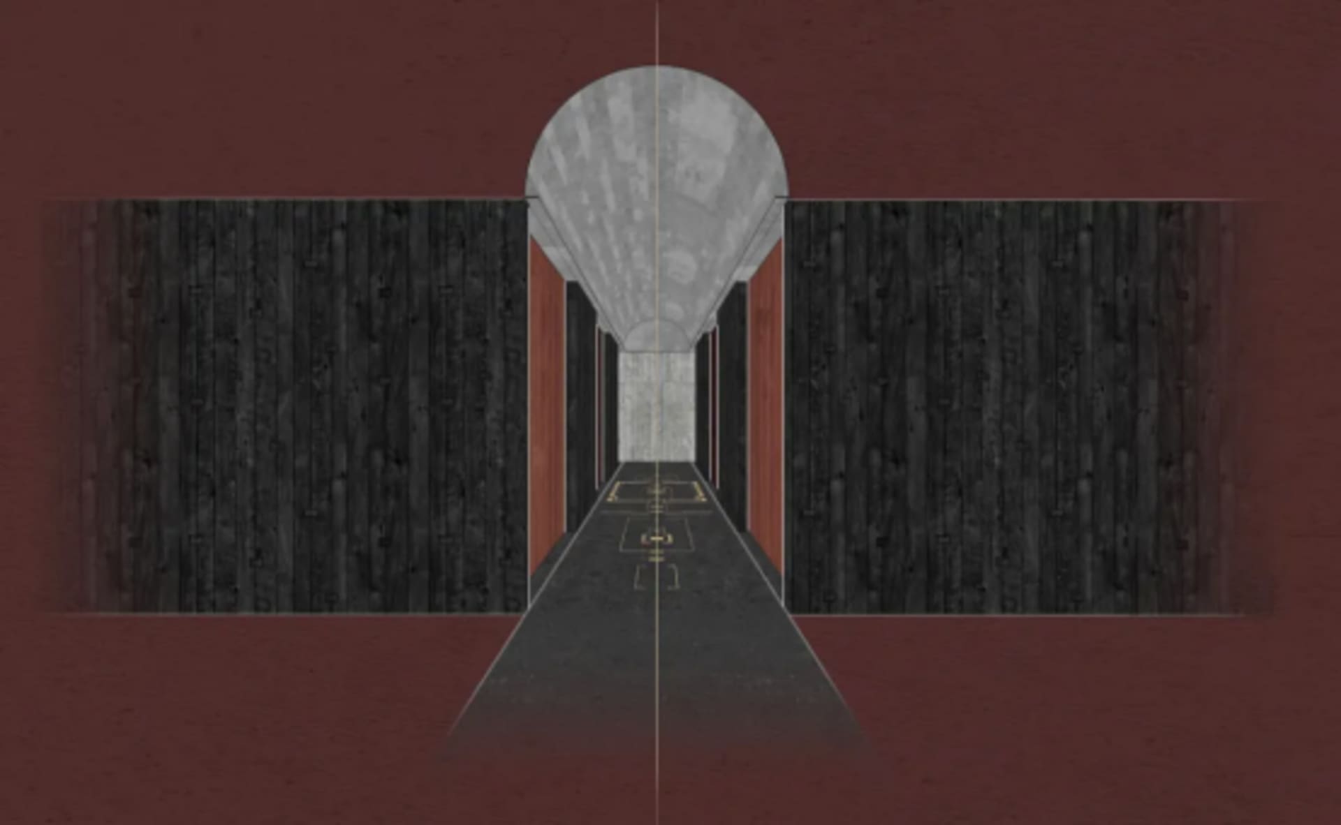 A modern hallway with a black background, featuring two doors and a dramatic atmosphere