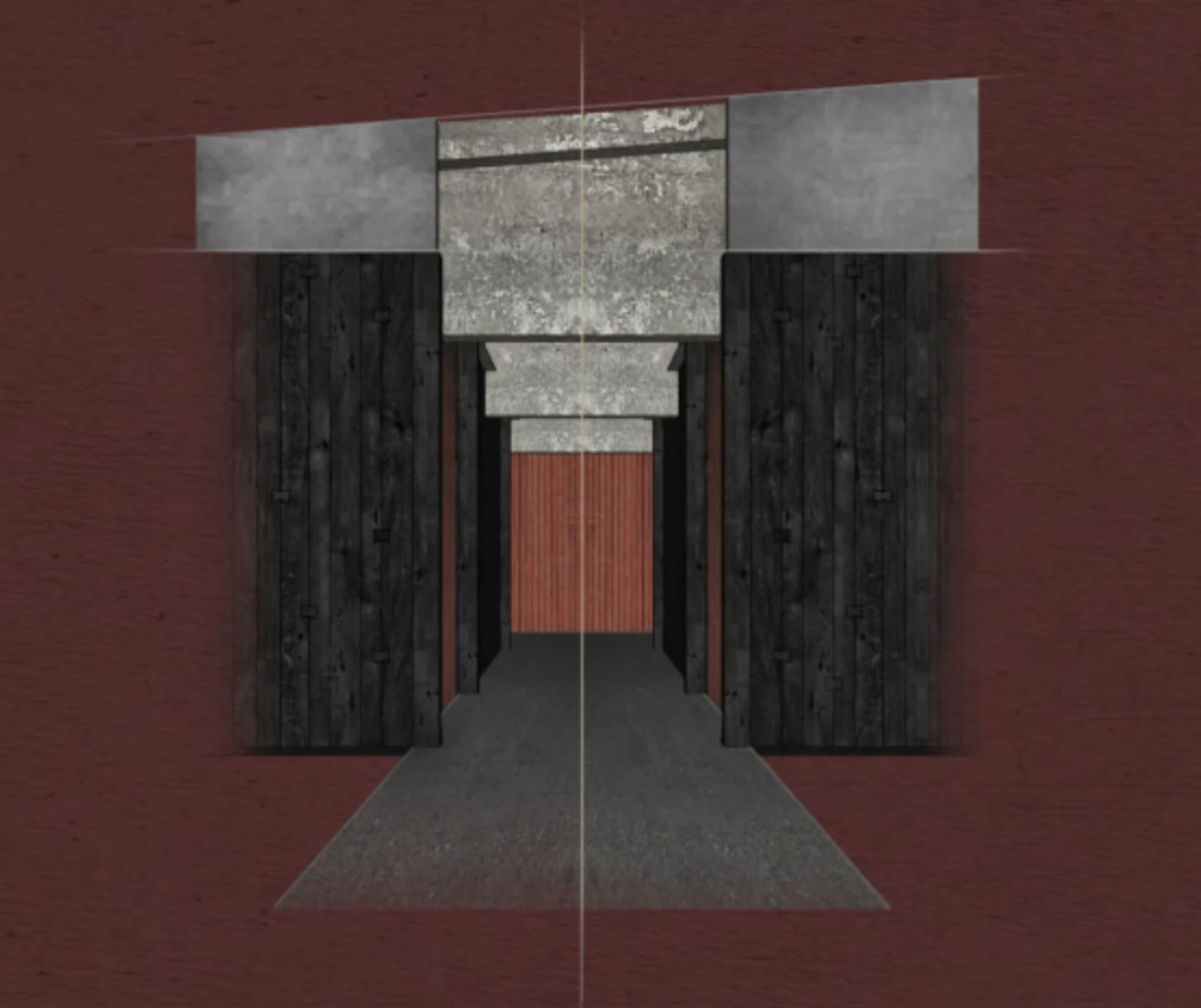 A rendered hallway with a wooden floor and a door at one end, set against a neutral background