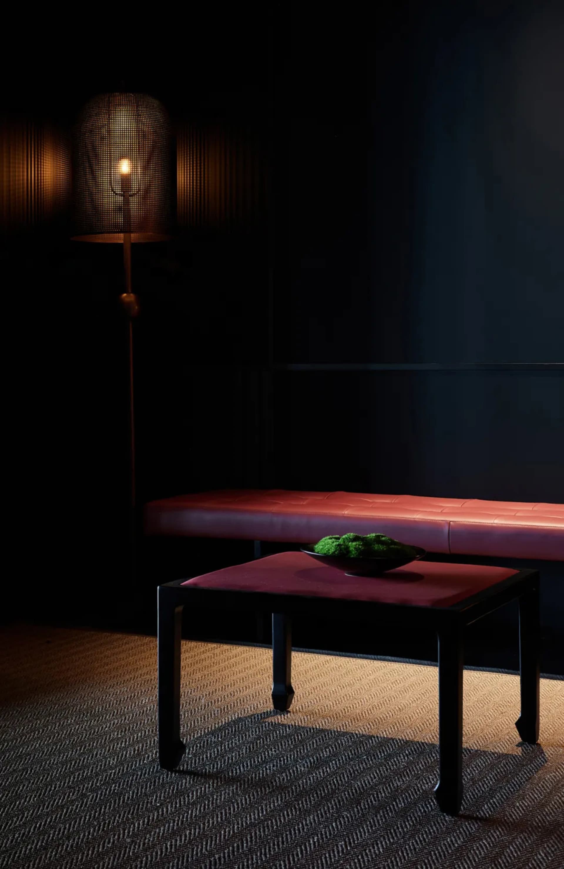 Darkened living space with a red bench, a bowl of green vegetables, and a cozy atmosphere